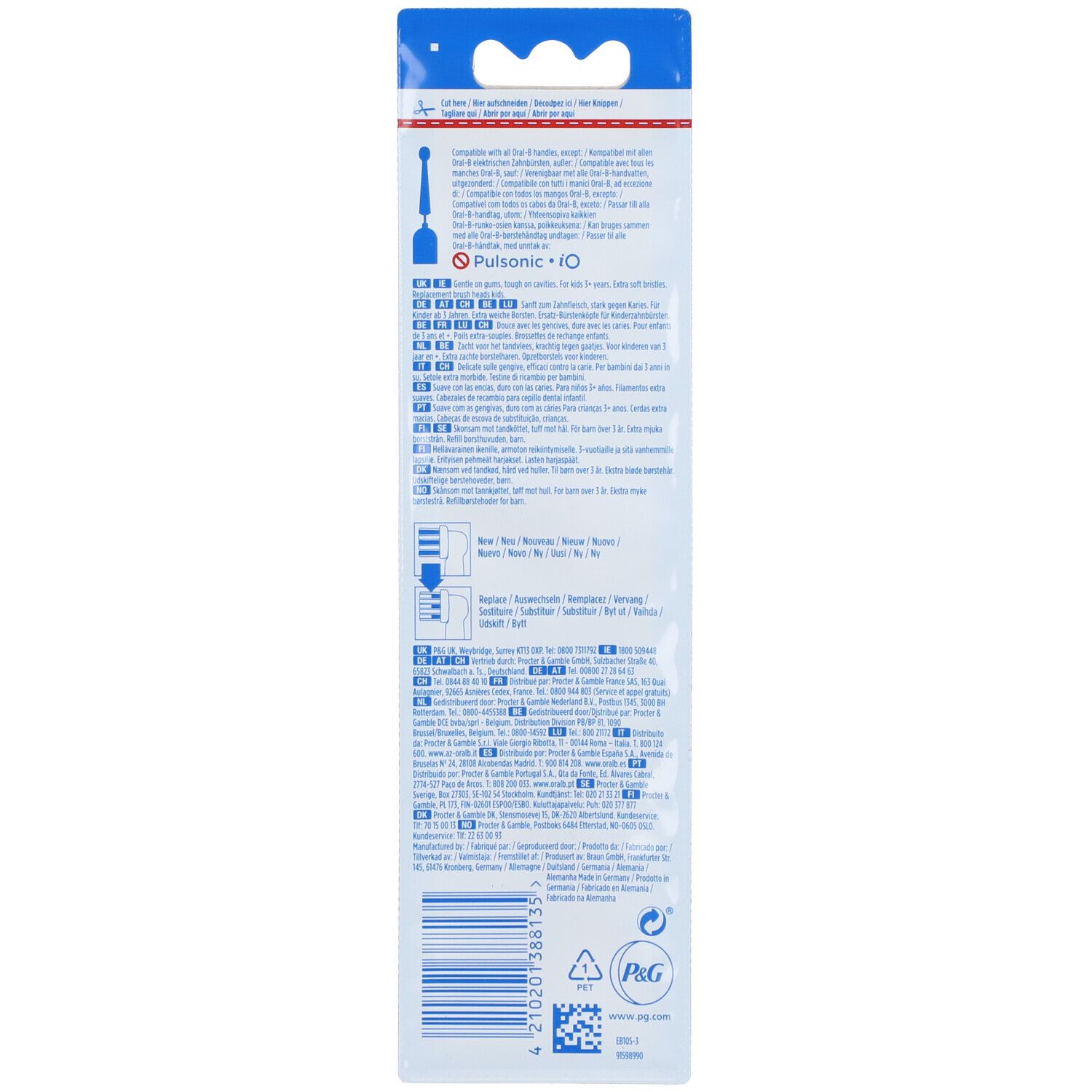 Verpackung mit Produktabbildung. Text in mehreren Sprachen. P&G-Logo und Barcode.