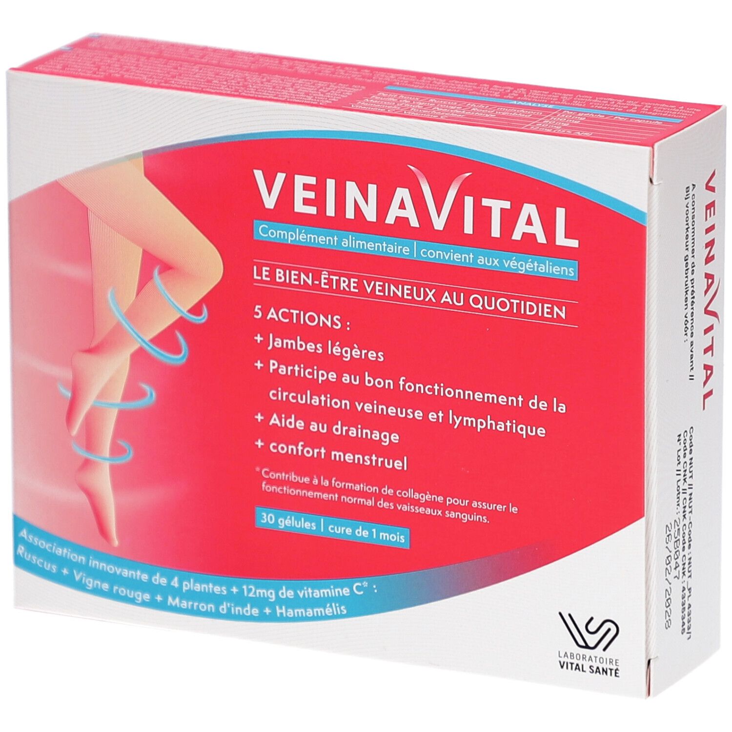 VEINAVITAL-Verpackung. Rote und weiße Schachtel mit Produktnamen und Bein-Illustration. Enthält 30 Kapseln.