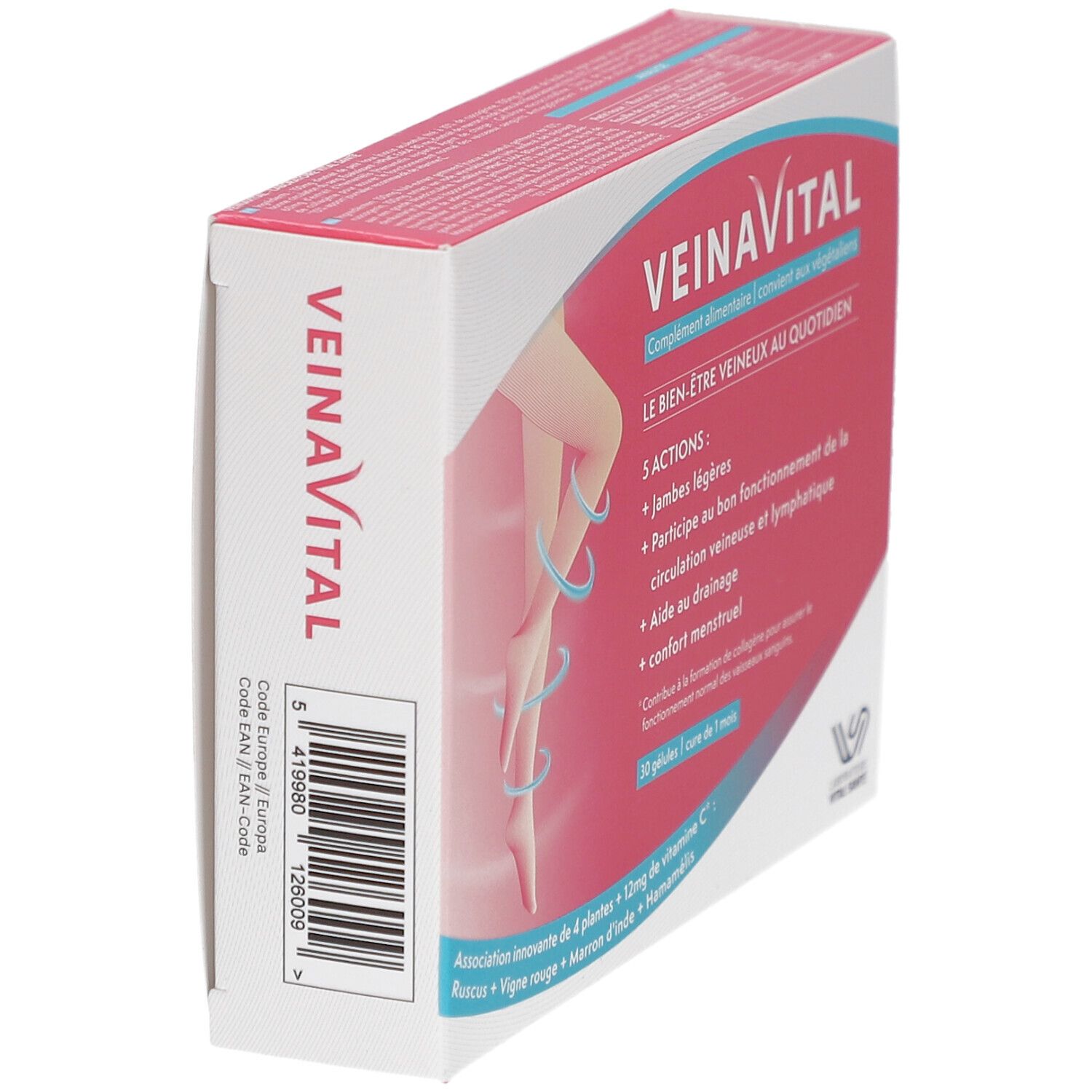 VEINAVITAL-Verpackung, Seitenansicht. Rote und weiße Schachtel mit Produktinformationen und Barcode.