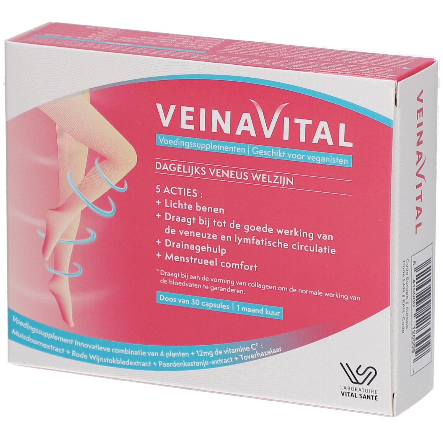 VEINAVITAL-Verpackung. Rote und weiße Schachtel mit Produktnamen und Bein-Illustration. Enthält 30 Kapseln.