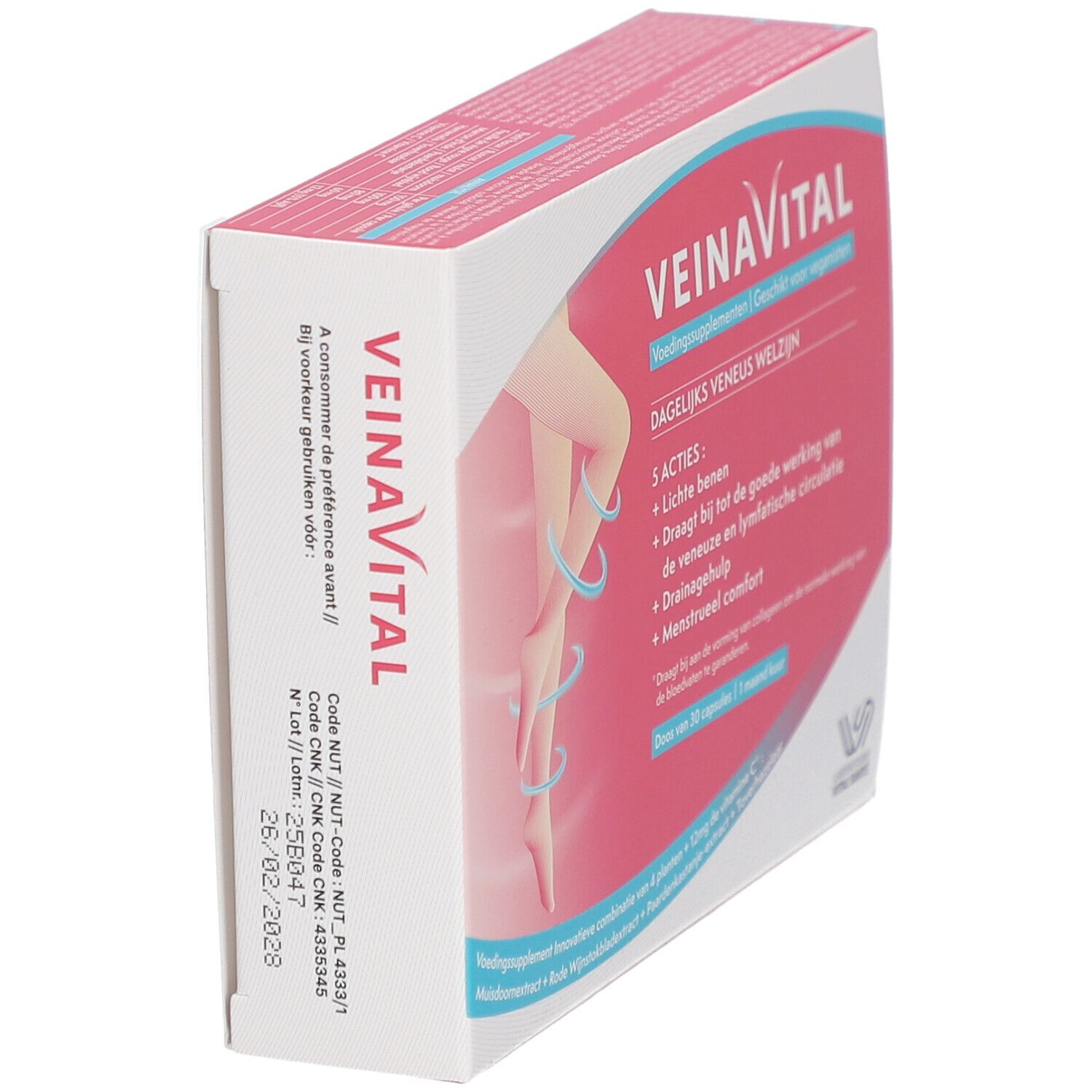 VEINAVITAL-Verpackung, Seitenansicht. Rote und weiße Schachtel mit Produktinformationen.