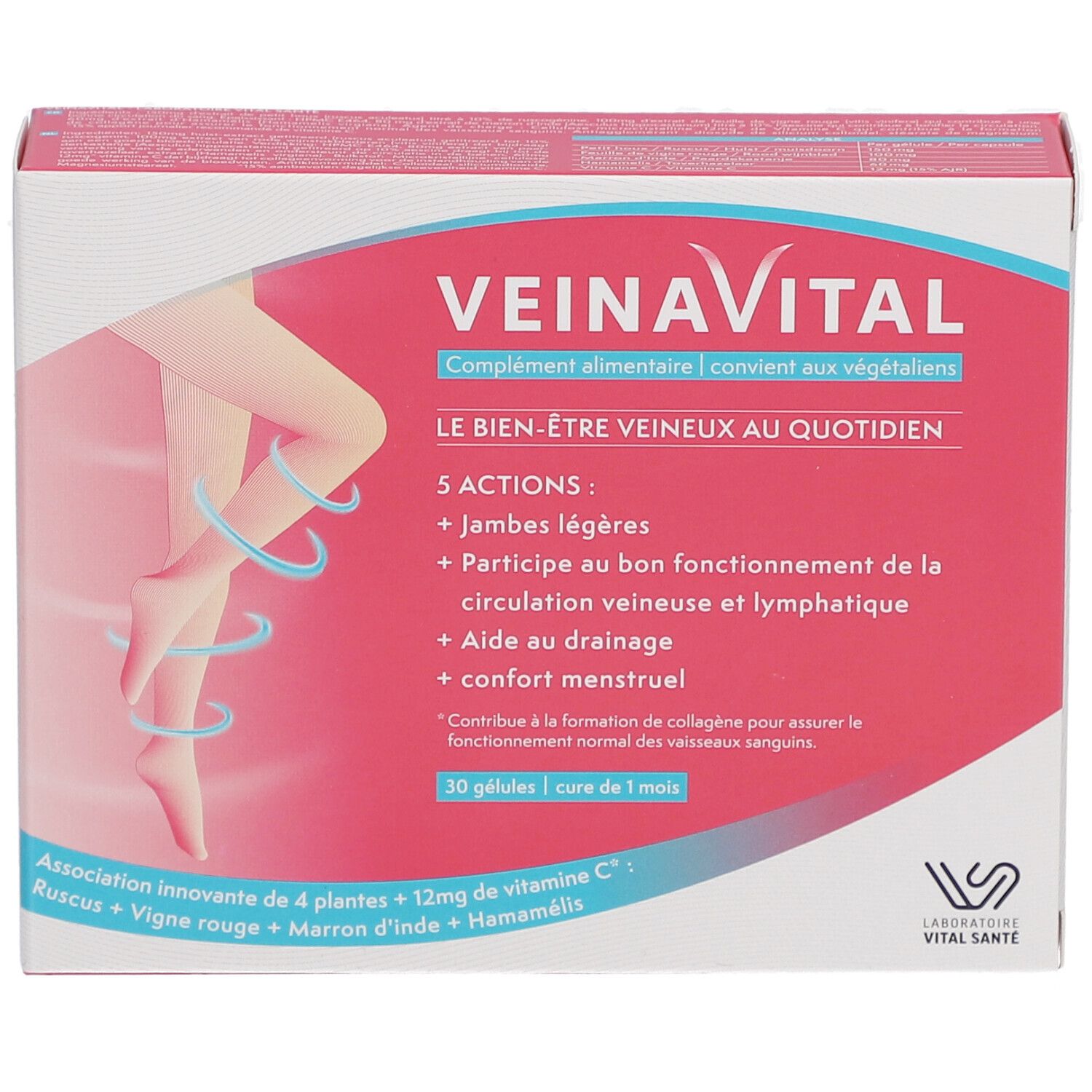 VEINAVITAL-Verpackung. Rote und weiße Schachtel mit Produktnamen und Bein-Illustration. Enthält 30 Kapseln.