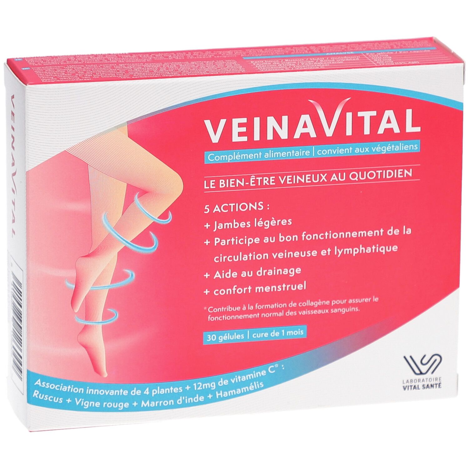 VEINAVITAL-Verpackung. Rote und weiße Schachtel mit Produktnamen und Bein-Illustration. Enthält 30 Kapseln.