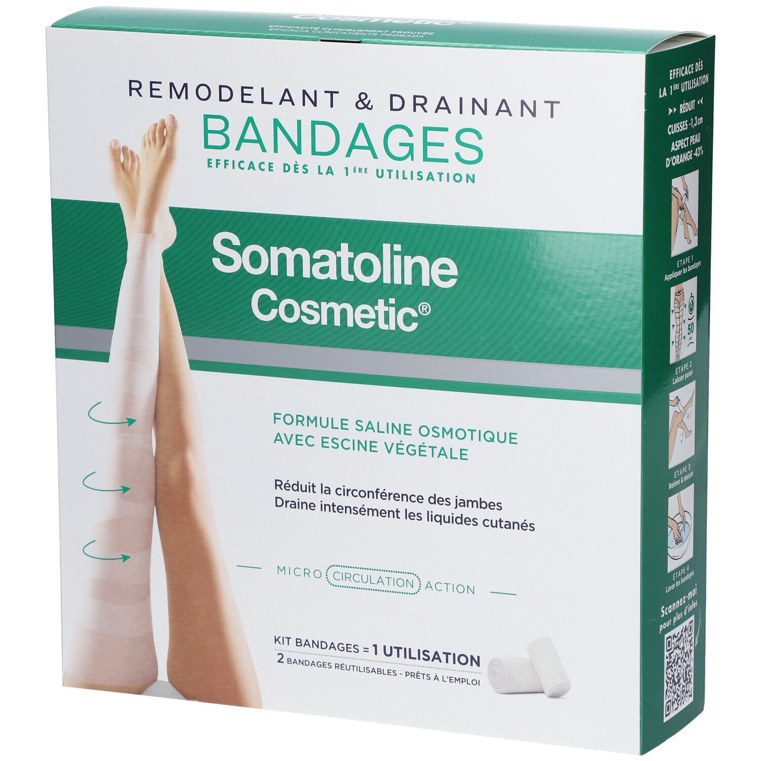 Verpackung von Somatoline Cosmetic® Bandagen. Grün-weiße Box mit Produktabbildung und Text. Enthält 2 Bandagen.