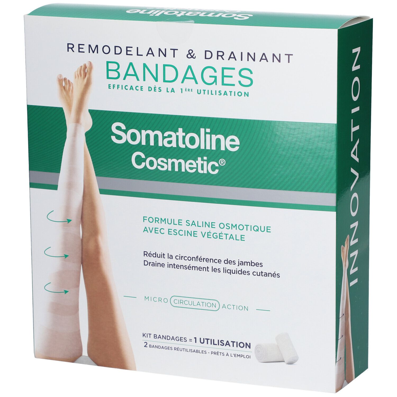 Verpackung von Somatoline Cosmetic® Bandagen. Grün-weiße Box mit Produktabbildung und Text. Enthält 2 Bandagen.