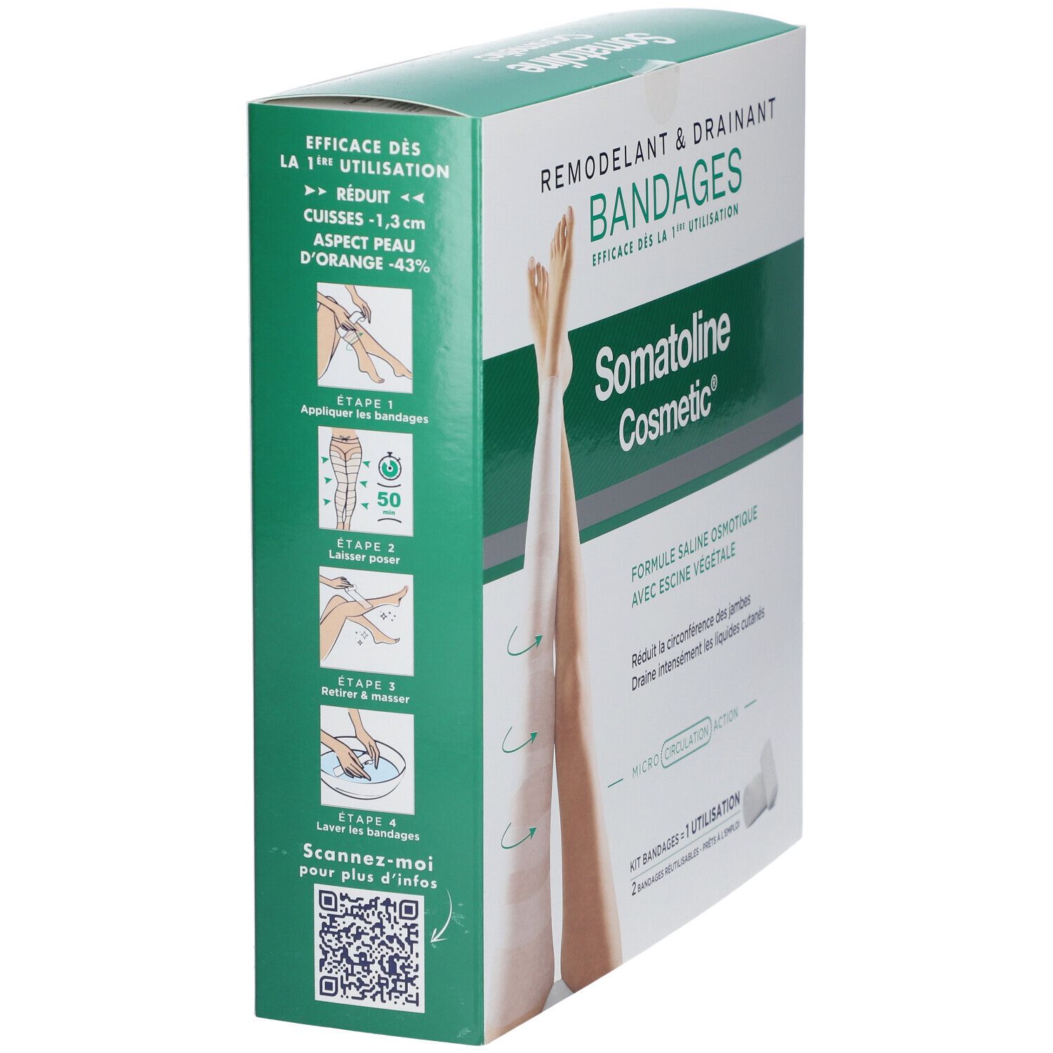 Verpackung von Somatoline Cosmetic® Bandagen. Grün-weiße Box mit Produktabbildung und Text. Enthält 2 Bandagen.