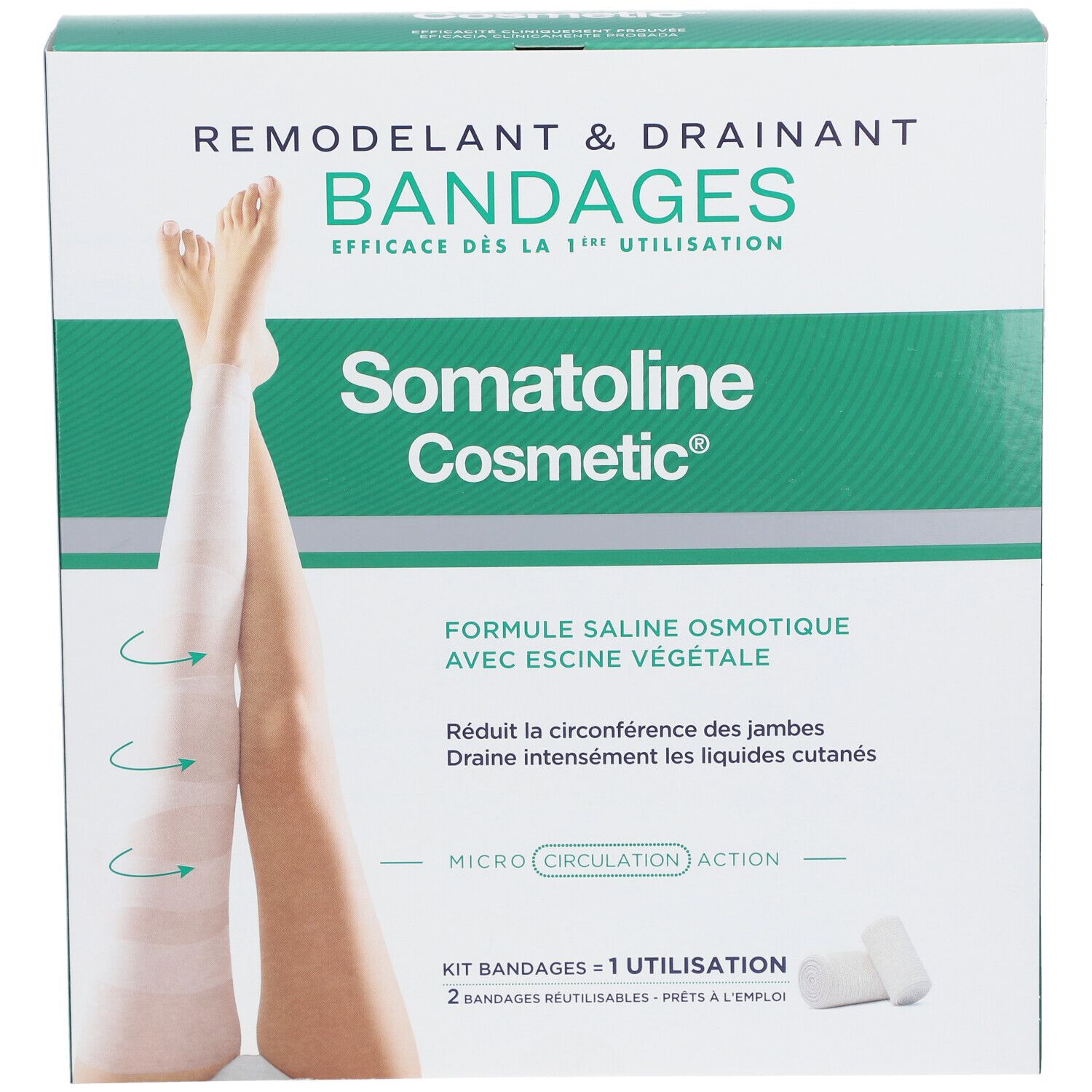 Verpackung von Somatoline Cosmetic® Bandagen. Grün-weiße Box mit Produktabbildung und Text. Enthält 2 Bandagen.