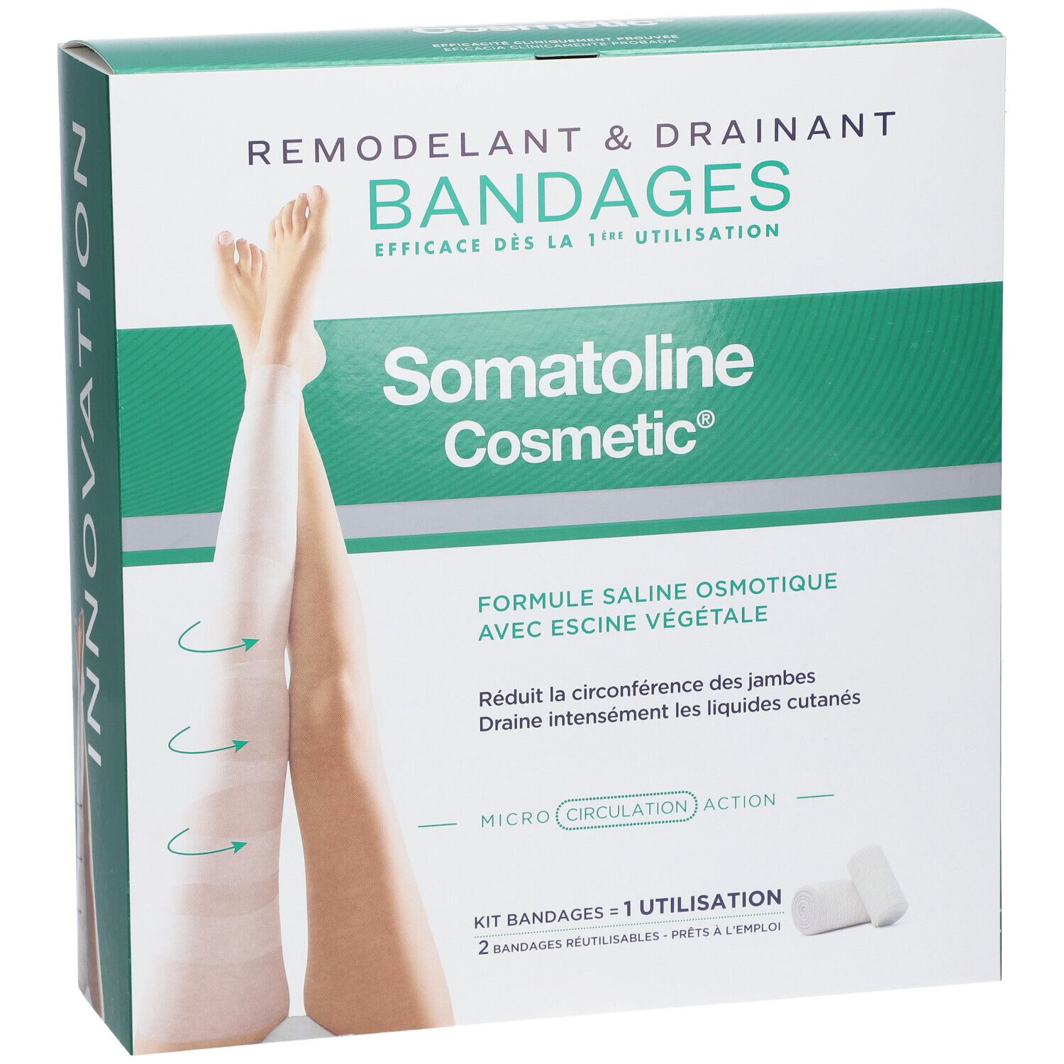 Verpackung von Somatoline Cosmetic® Bandagen. Grün-weiße Box mit Produktabbildung und Text. Enthält 2 Bandagen.
