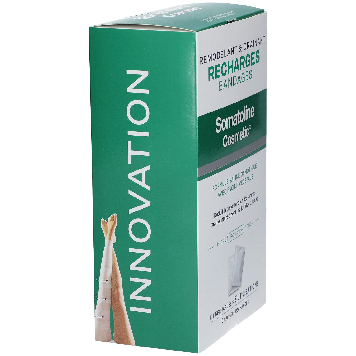 Verpackung Somatoline Cosmetic Remodellierende & Entwässernde Bandagen, mit 'Innovation' Schriftzug.