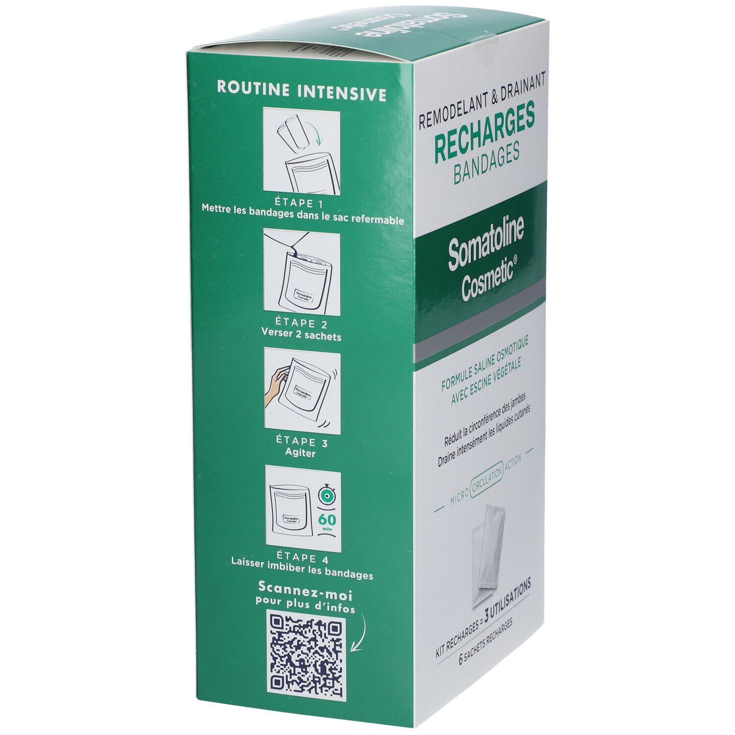 Verpackung Somatoline Cosmetic Remodellierende & Entwässernde Bandagen, mit Anwendungsschritten.