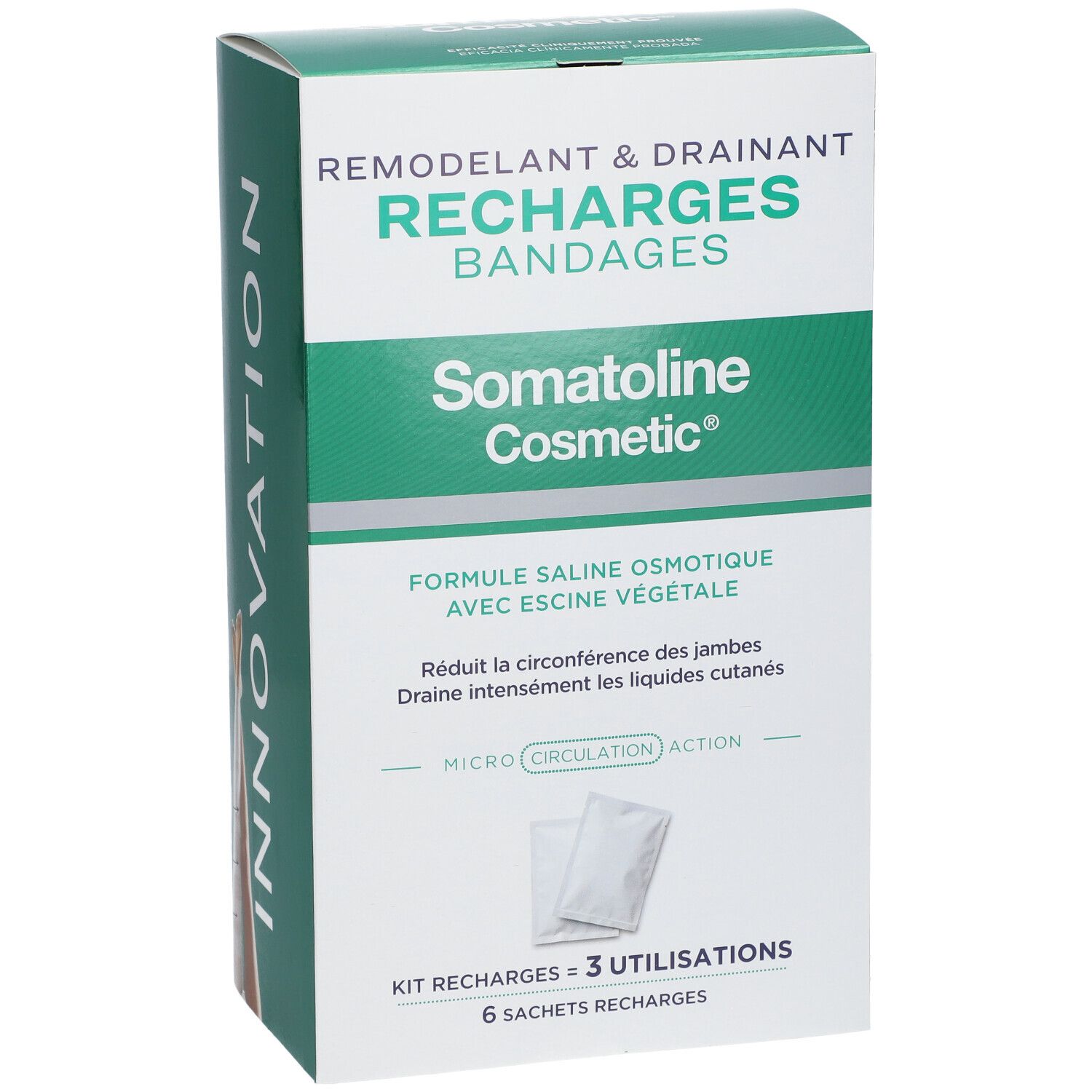 Verpackung Somatoline Cosmetic Remodellierende & Entwässernde Bandagen, mit 'Innovation' Schriftzug.