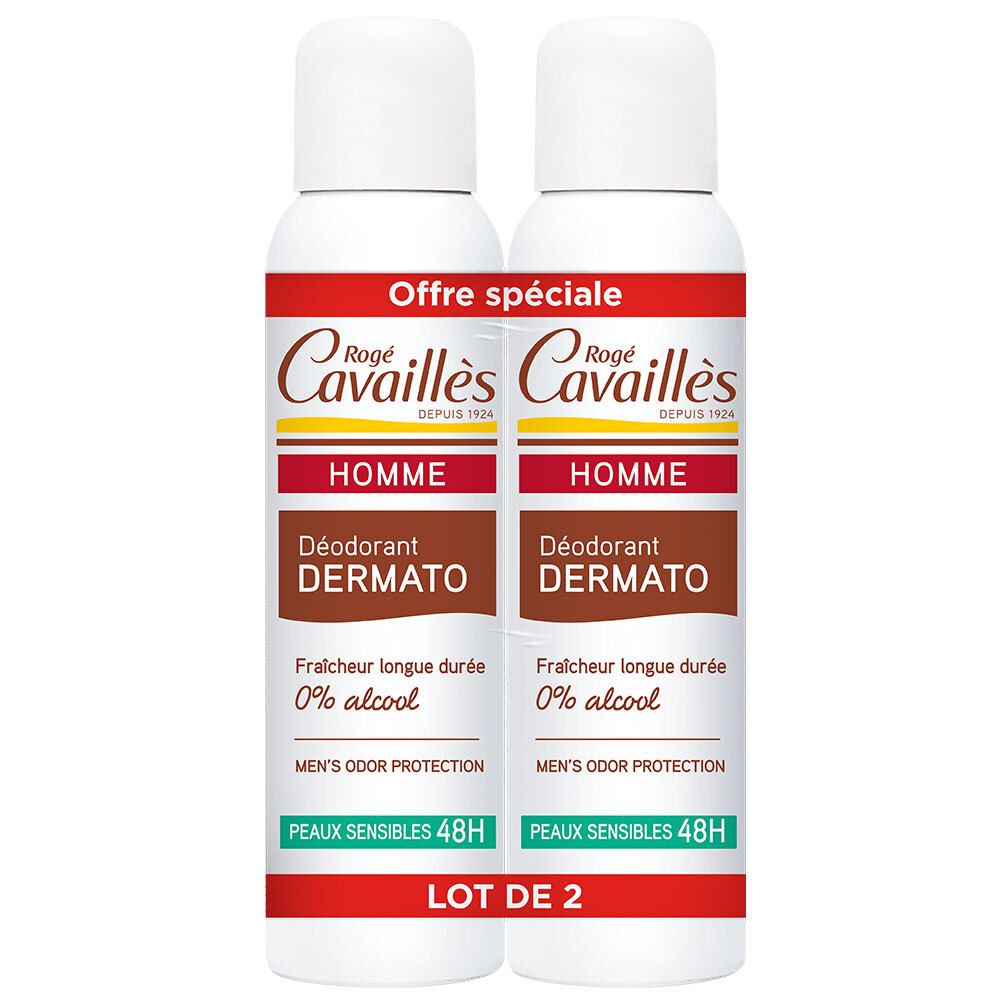 Deux déodorants, bouchon blanc, impression rouge et marron. "Offre spéciale" et "LOT DE 2" visibles.