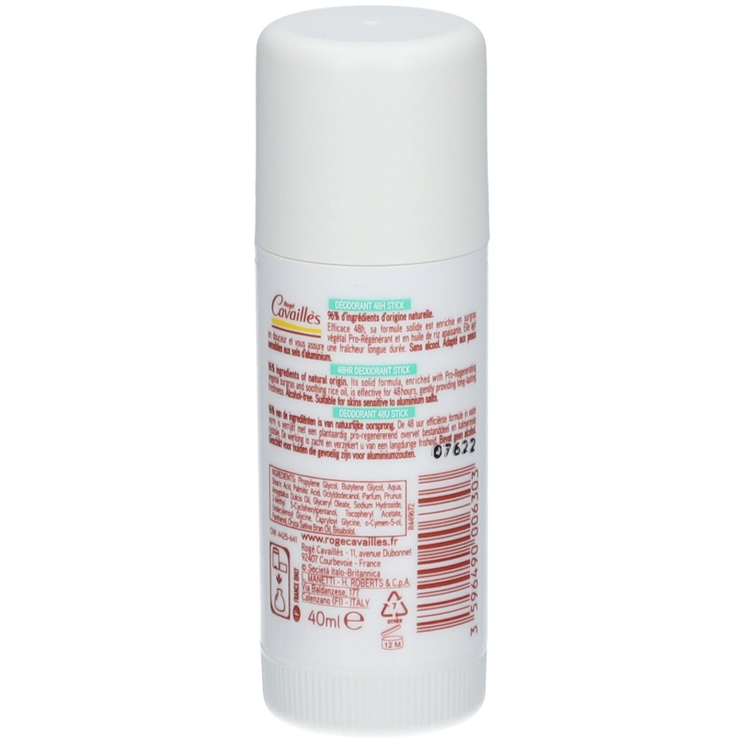 Dos du stick de déodorant avec texte et code-barres. Inscriptions : Rogé Cavaillès, ingrédients, 40ml. Code-barres : 3596490006303.