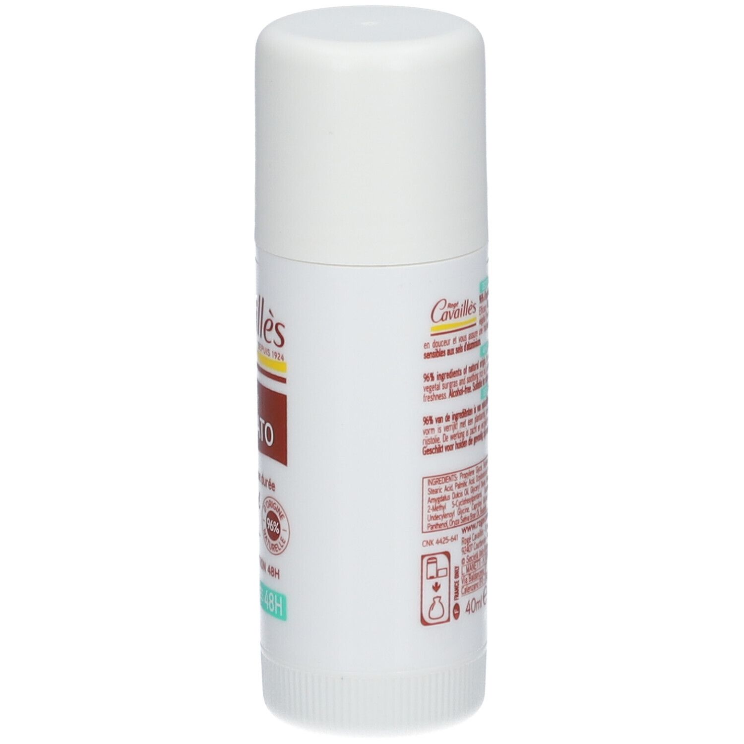 Dos du stick de déodorant avec texte et code-barres. Inscriptions : Rogé Cavaillès, ingrédients, 40ml. Code-barres : 3596490006303.