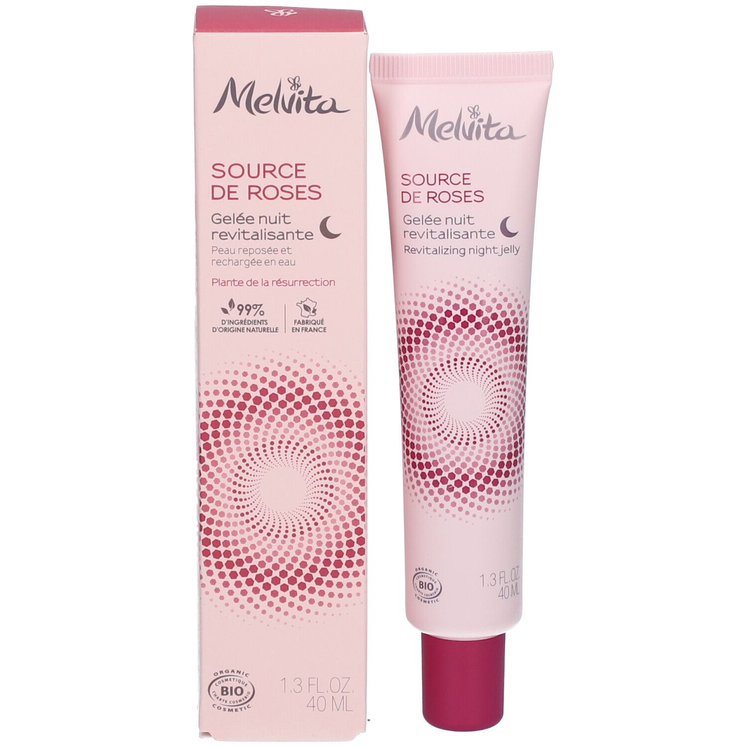 Tube et boîte de BB Crème Melvita, rose pâle. Motif rose et label BIO.