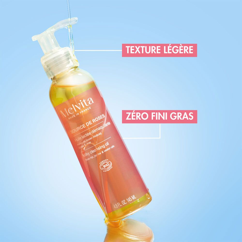 Flasche mit Pumpe, gelbliche Flüssigkeit. Text: Melvita, Source de Roses. Text: Texture légère, zéro fini gras.