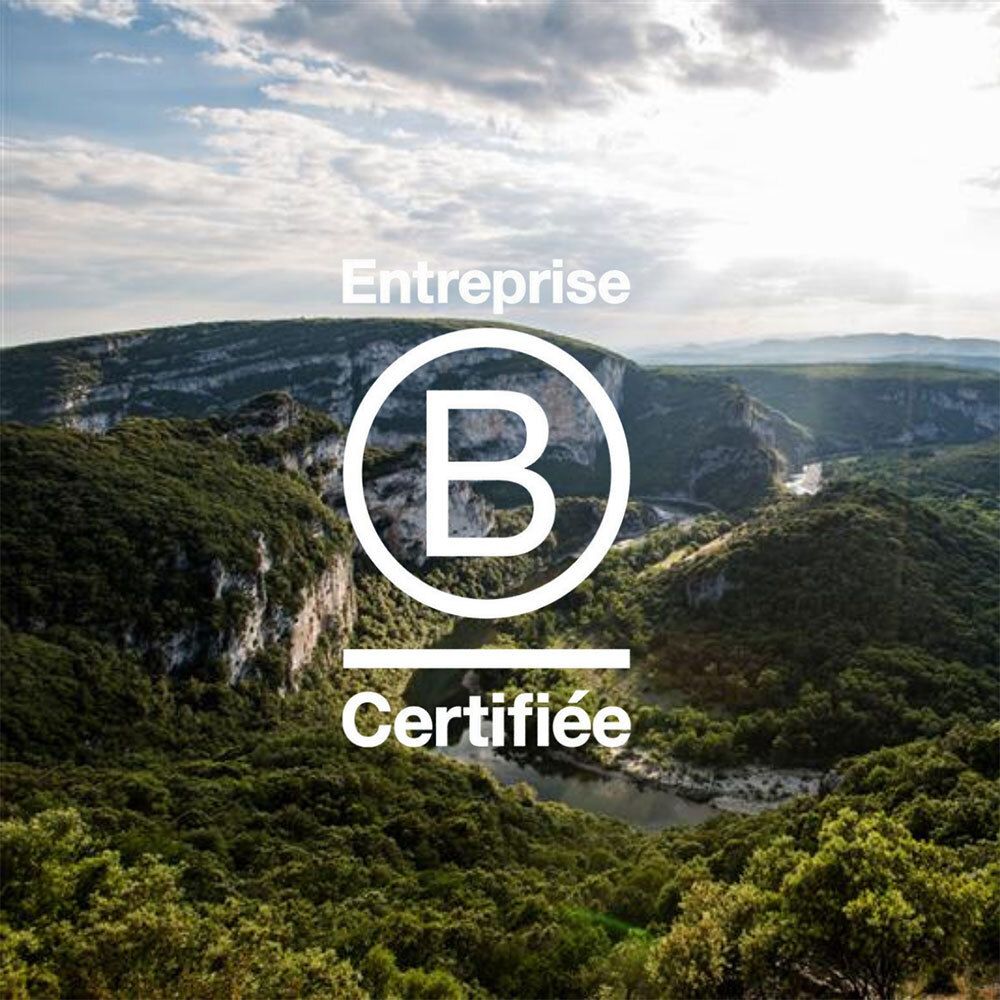 Landschaft mit Bergen. Text: Entreprise B Certifiée.