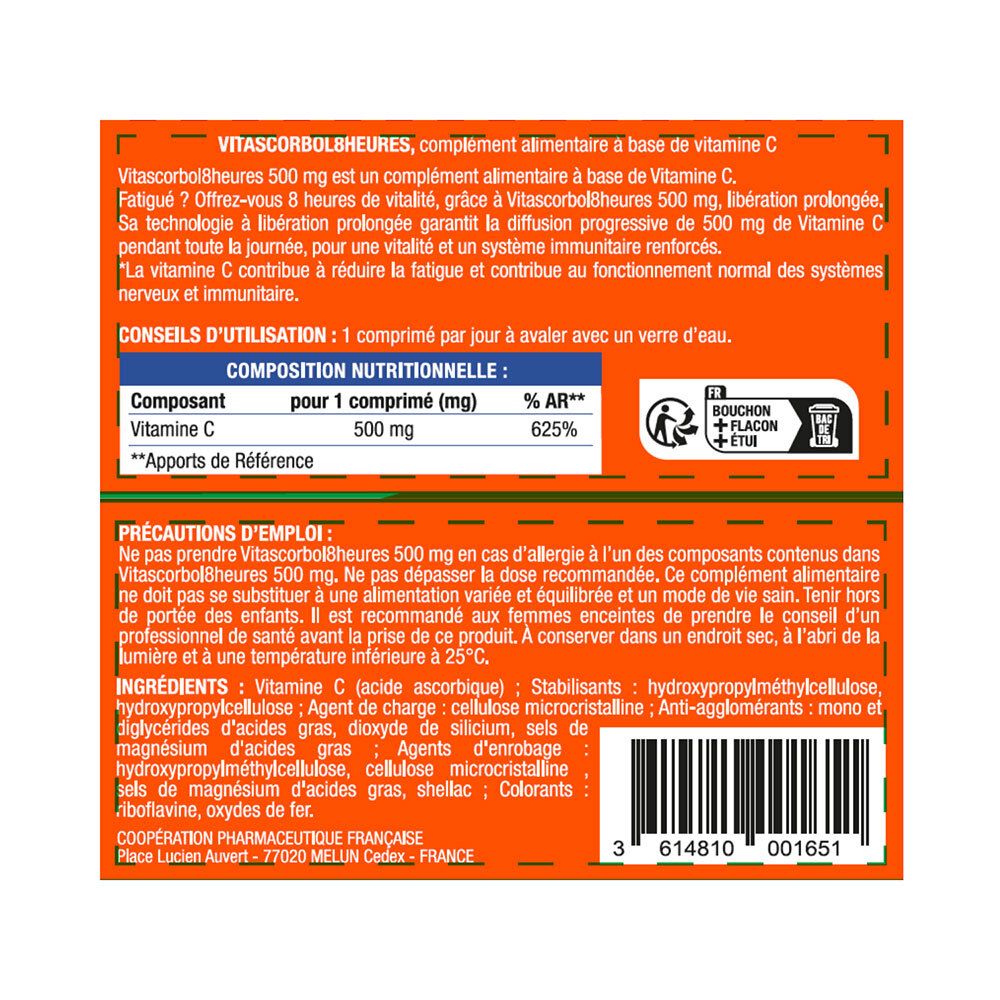 Rückseite der "Vitascorbol 8 heures"-Verpackung. Textinformationen zu Inhaltsstoffen, Anwendung und Vorsichtsmaßnahmen. Marke Cooper.