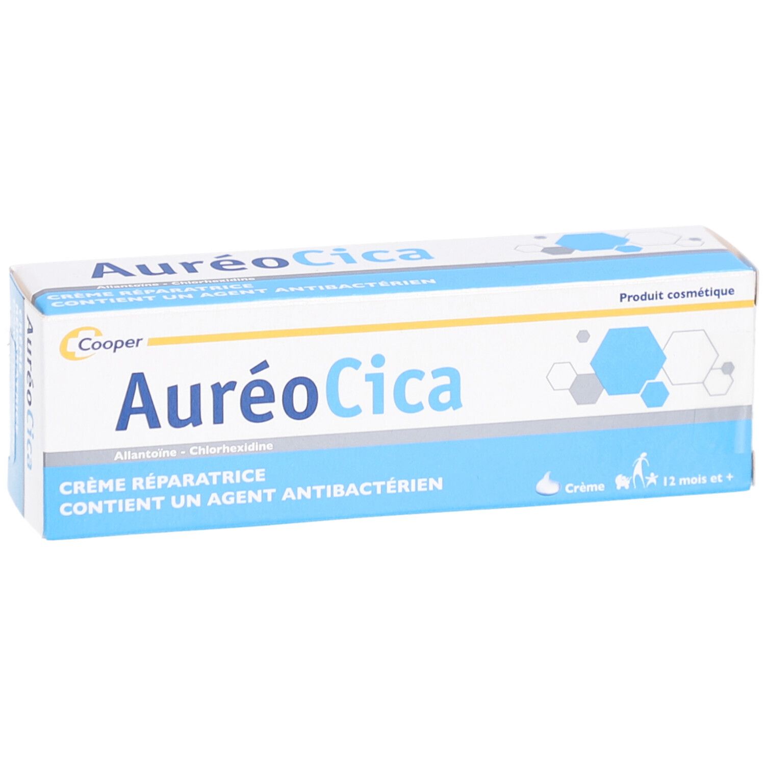 Boîte blanche et bleue. Inscription: AuréoCica, Crème réparatrice, contient un agent antibactérien. Marque: Cooper.