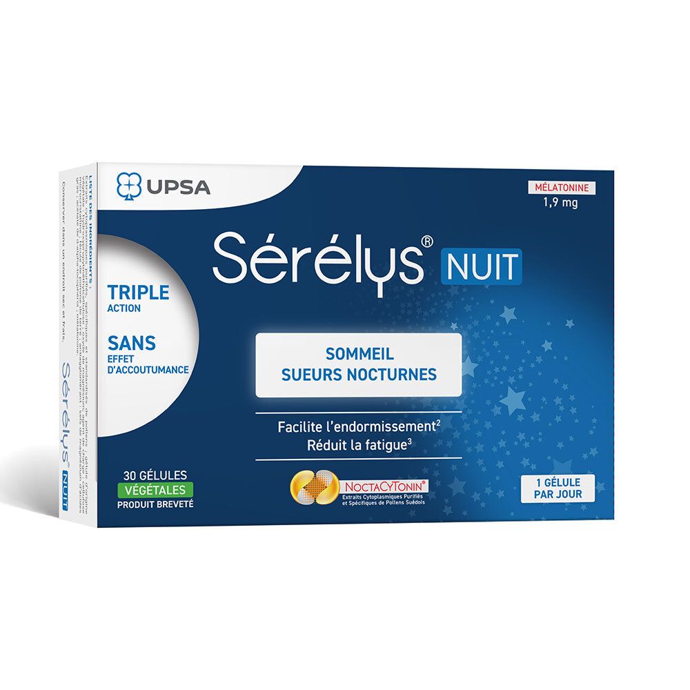 Boîte Sérélys® NUIT. Boîte bleue avec nom du produit, ingrédients et logo. 30 gélules végétales.