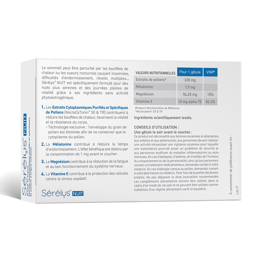 Dos de la boîte Sérélys® NUIT. Contient des informations sur les ingrédients, le dosage et les conseils d'utilisation.