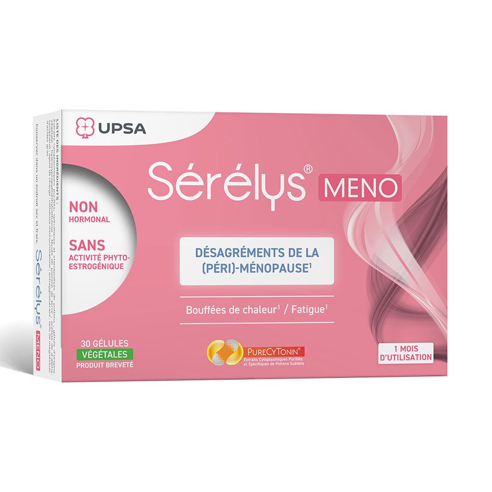 Sérélys MENO, Packung. Rosa, mit Text. 30 Kapseln. Nicht hormonell. Gegen Wechseljahrsbeschwerden.
