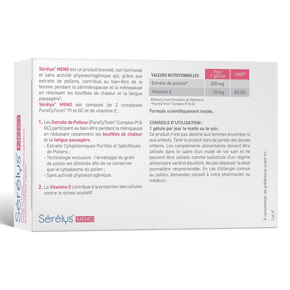 Sérélys MENO Packung. Rosa, mit Text. 30 Kapseln. Gegen Wechseljahrsbeschwerden. 1 Kapsel pro Tag.