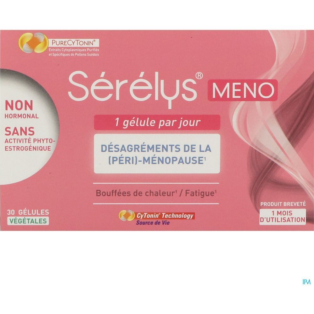 Sérélys MENO Packung. Rosa, mit Text. 30 Kapseln. Gegen Wechseljahrsbeschwerden. 1 Kapsel pro Tag.