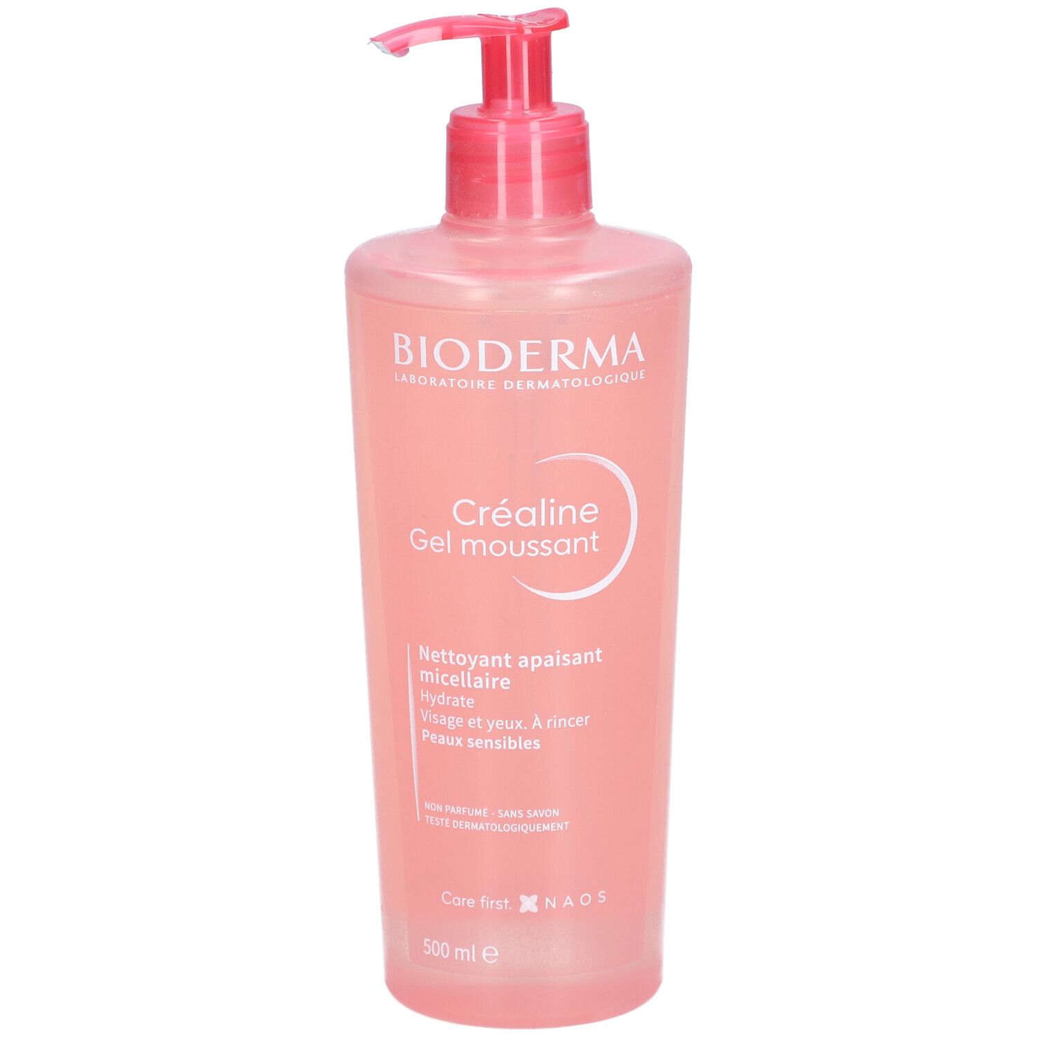 Rosa Flasche mit Pumpe. Aufschrift: BIODERMA, Créaline Gel moussant. Reinigendes Mizellen-Gel für empfindliche Haut.