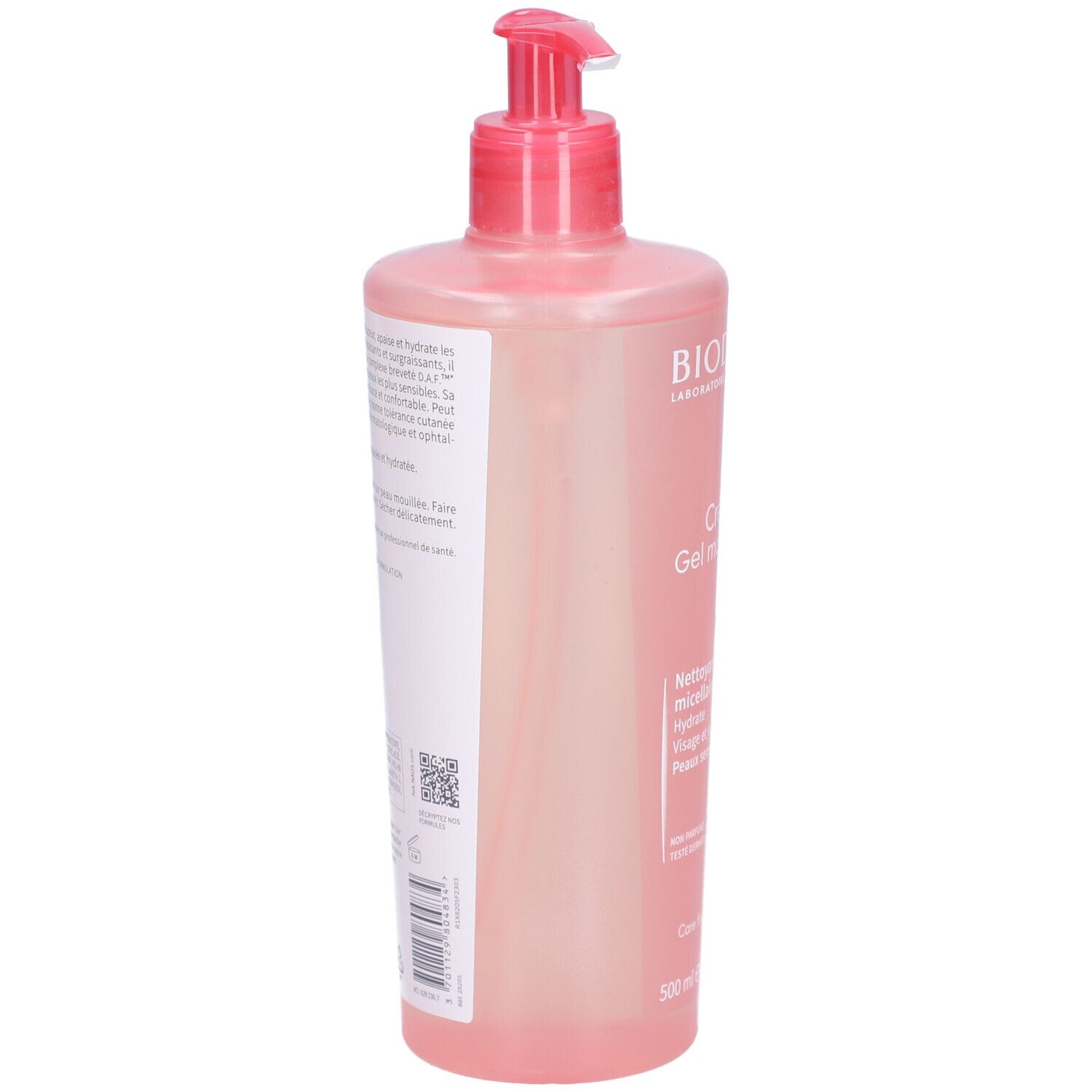 Rückansicht der rosa Flasche mit Pumpe. Text auf Etikett. QR-Code und Produktinformationen.