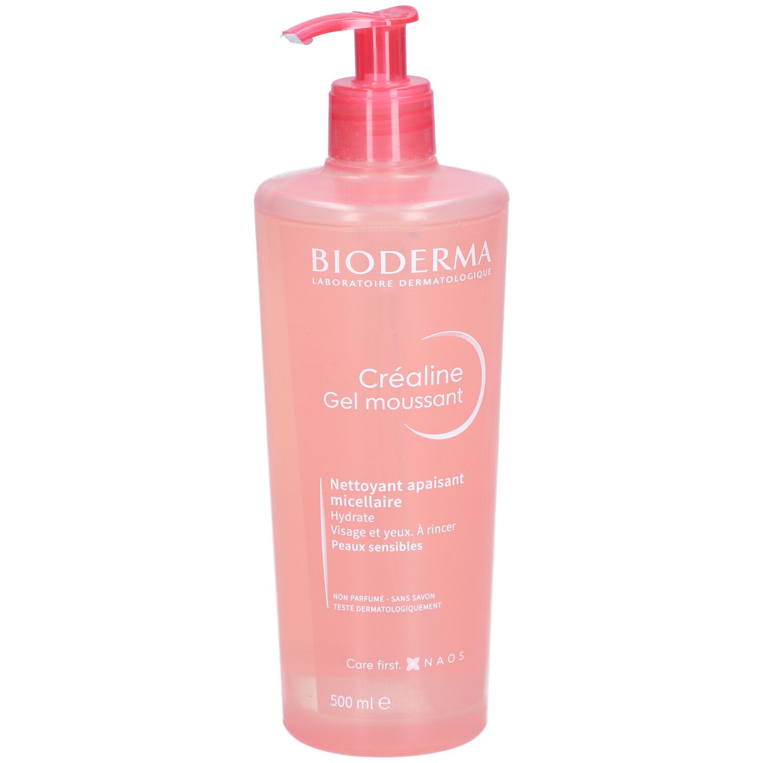 Rosa Flasche mit Pumpe. Aufschrift: BIODERMA, Créaline Gel moussant. Reinigendes Mizellen-Gel für empfindliche Haut.