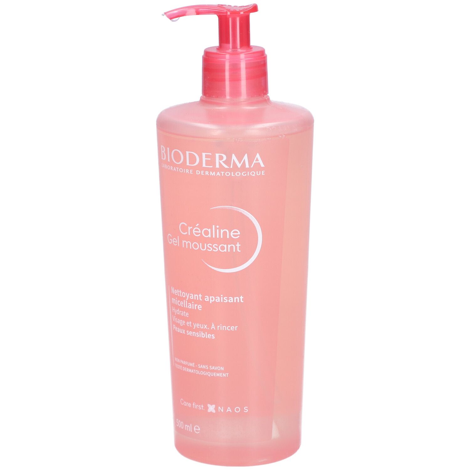 Rosa Flasche mit Pumpe. Aufschrift: BIODERMA, Créaline Gel moussant. Reinigendes Mizellen-Gel für empfindliche Haut.