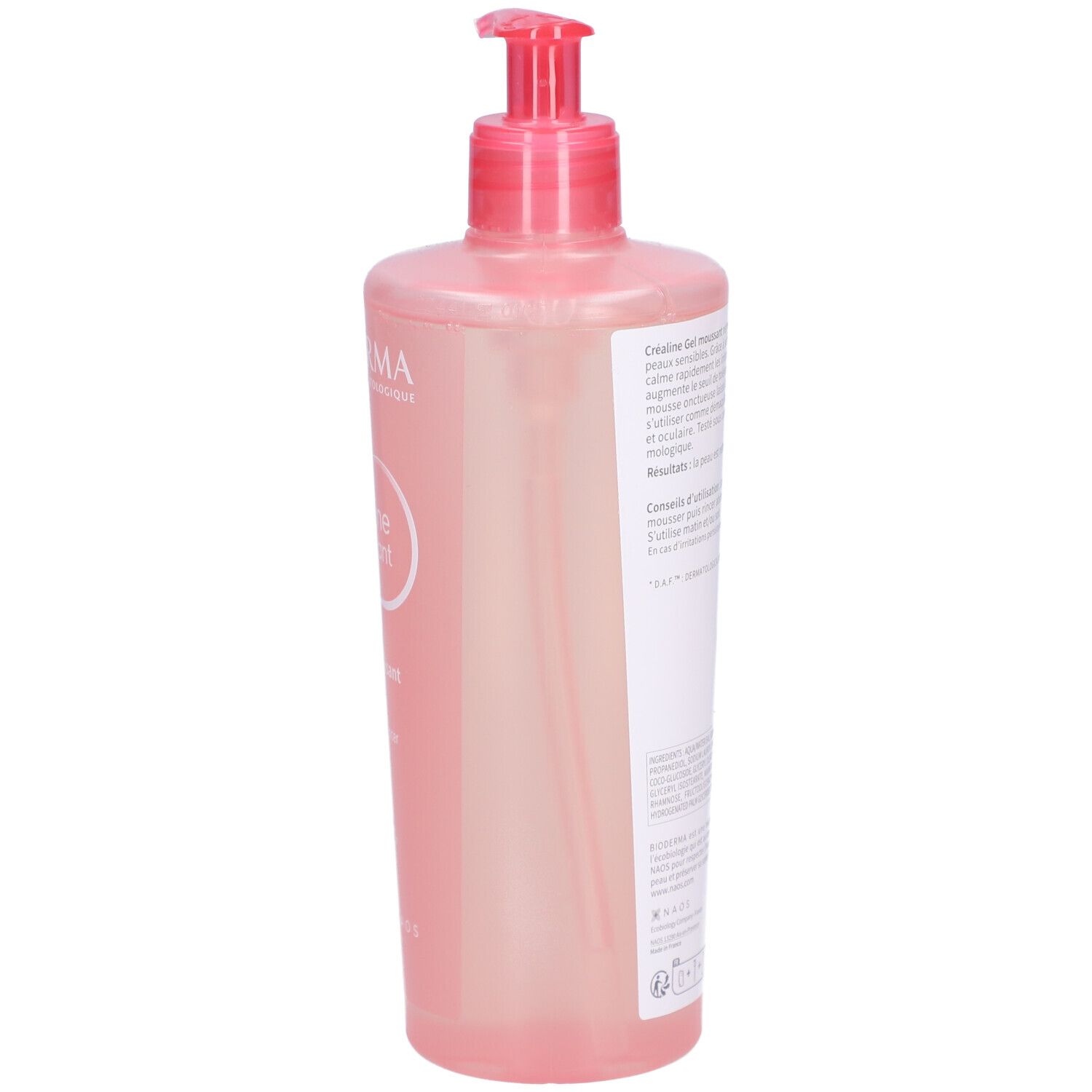 Seitenansicht der rosa Flasche mit Pumpe. Text auf Etikett. Produktinformationen und Anwendungshinweise.