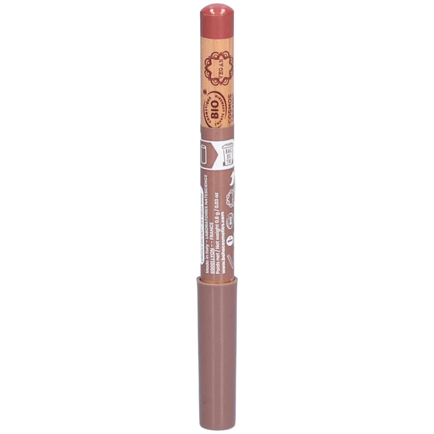Lippenstift in Vieux Rose. Holzstift mit rosafarbenem Stiftende und braunem Schaft. Bio-Zertifizierung sichtbar.