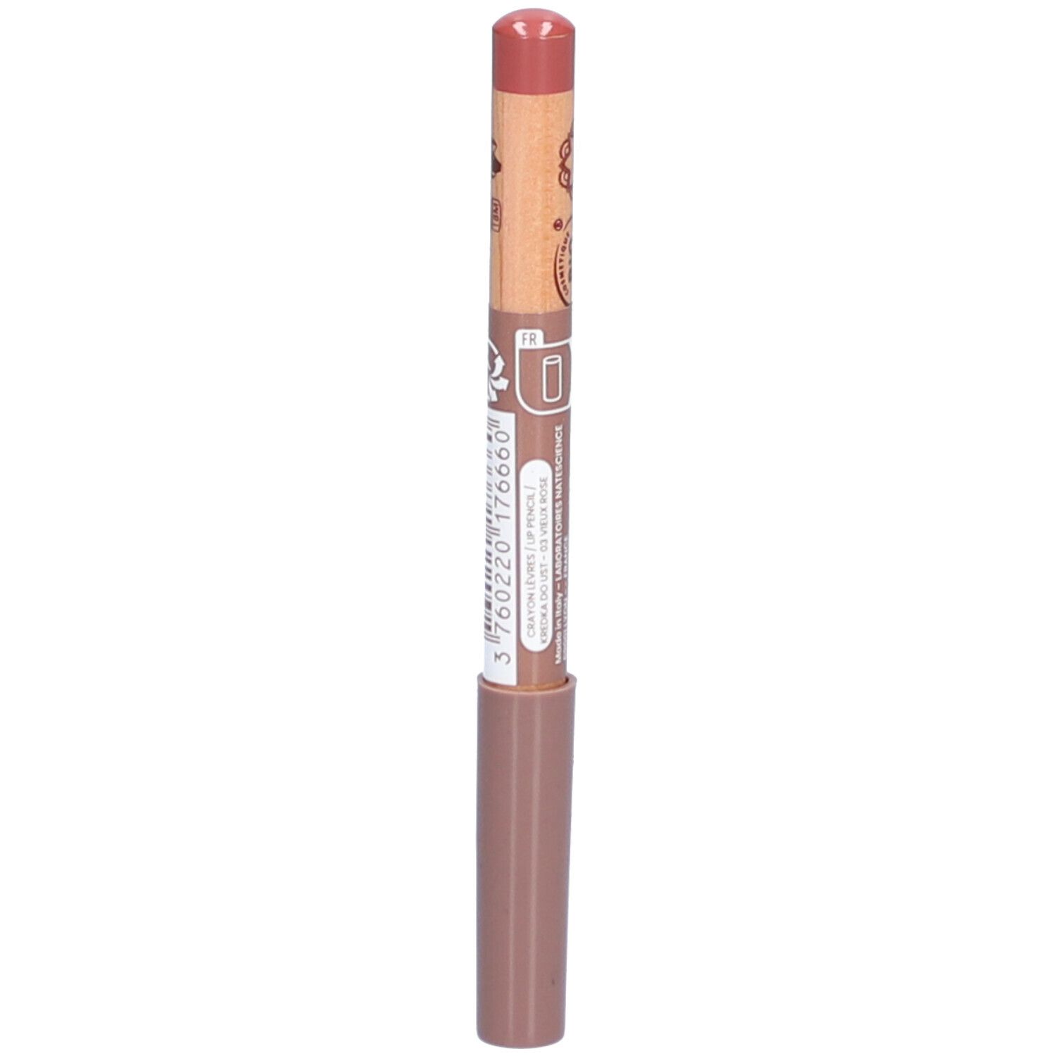 Lippenstift Vieux Rose. Holzstift mit rosafarbenem Stiftende und braunem Schaft. Barcode und Text auf dem Schaft.