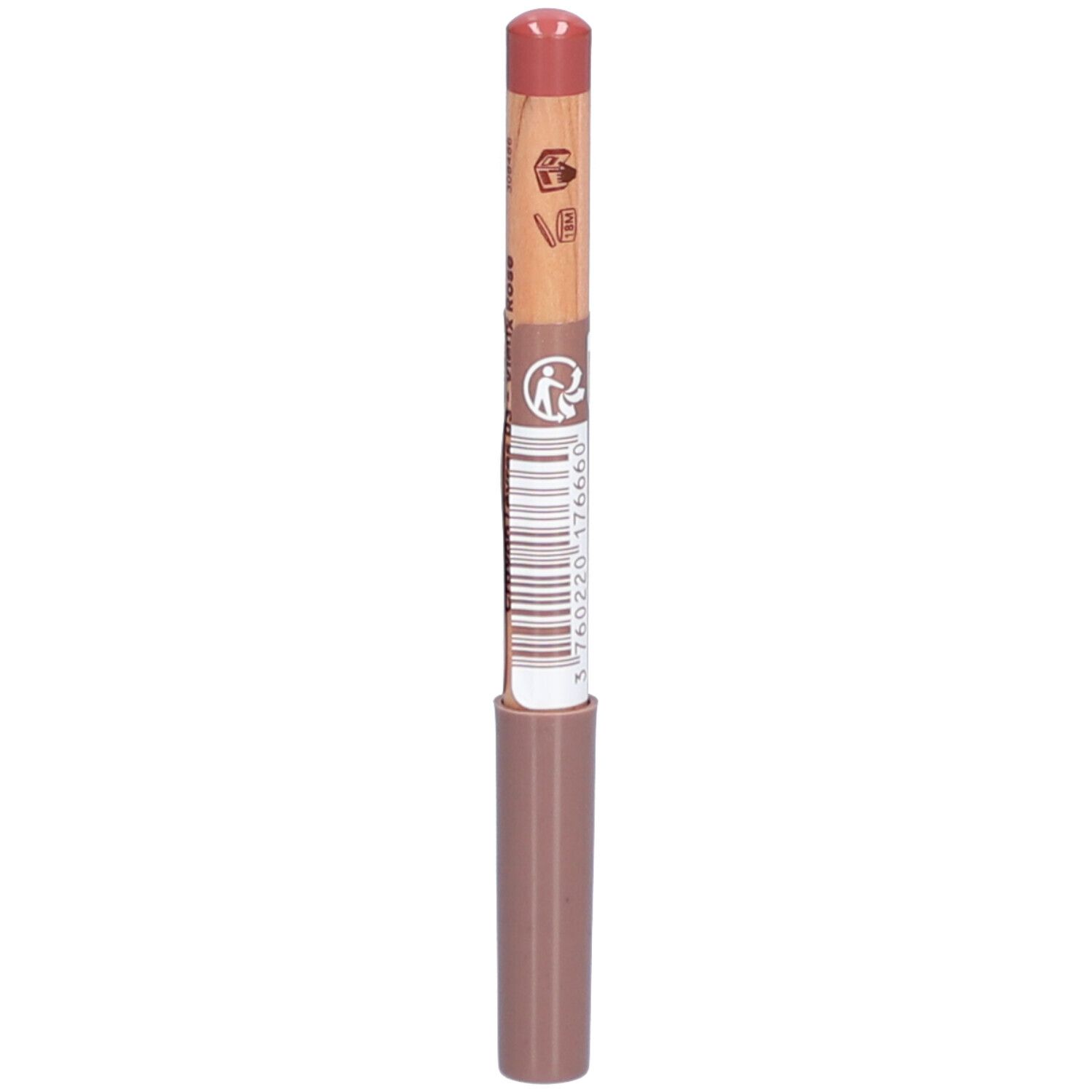 Lippenstift Vieux Rose. Holzstift mit rosafarbenem Stiftende und braunem Schaft. Barcode und Text auf dem Schaft.