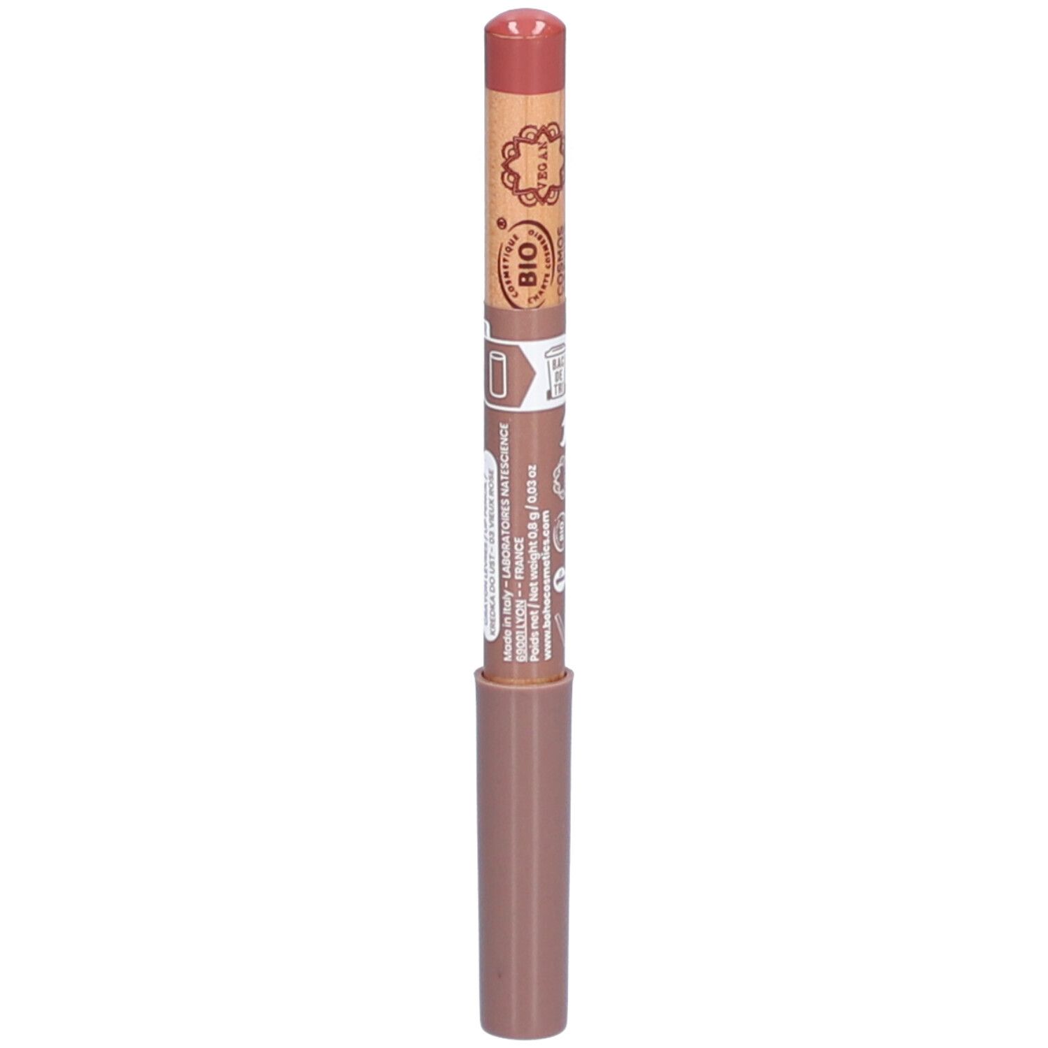 Lippenstift Vieux Rose. Holzstift mit rosafarbenem Stiftende und braunem Schaft. Bio-Zertifizierung und Text.
