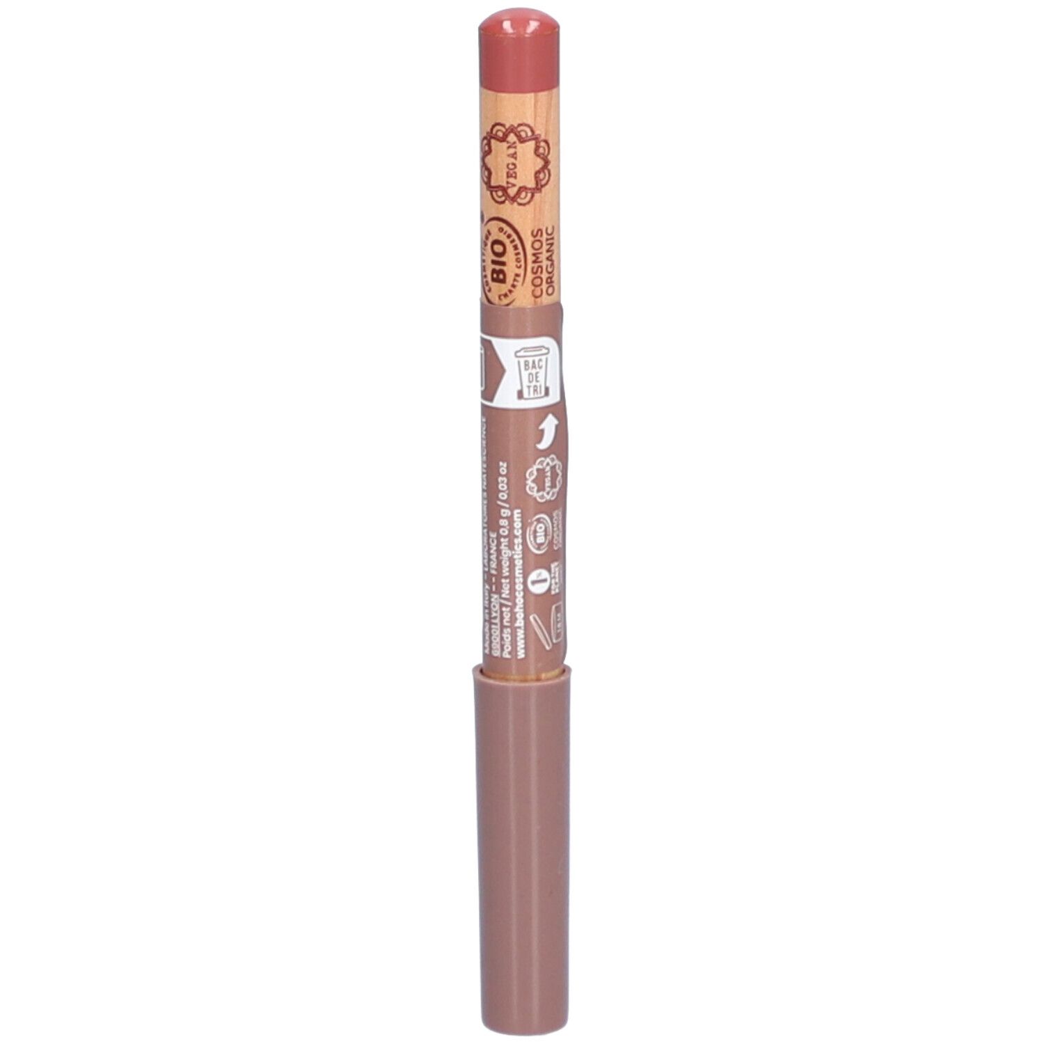 Lippenstift Vieux Rose. Holzstift mit rosafarbenem Stiftende und braunem Schaft. Bio-Zertifizierung und Text.