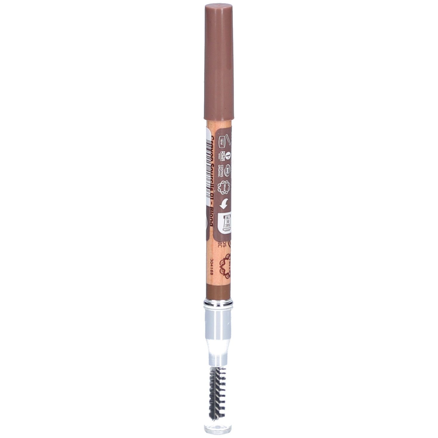 Stift mit brauner Kappe und Bürste. Aufschrift auf dem Stift.