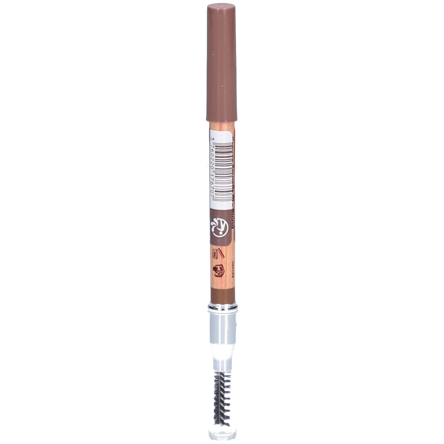 Stift mit brauner Kappe und Bürste. Aufschrift auf dem Stift.