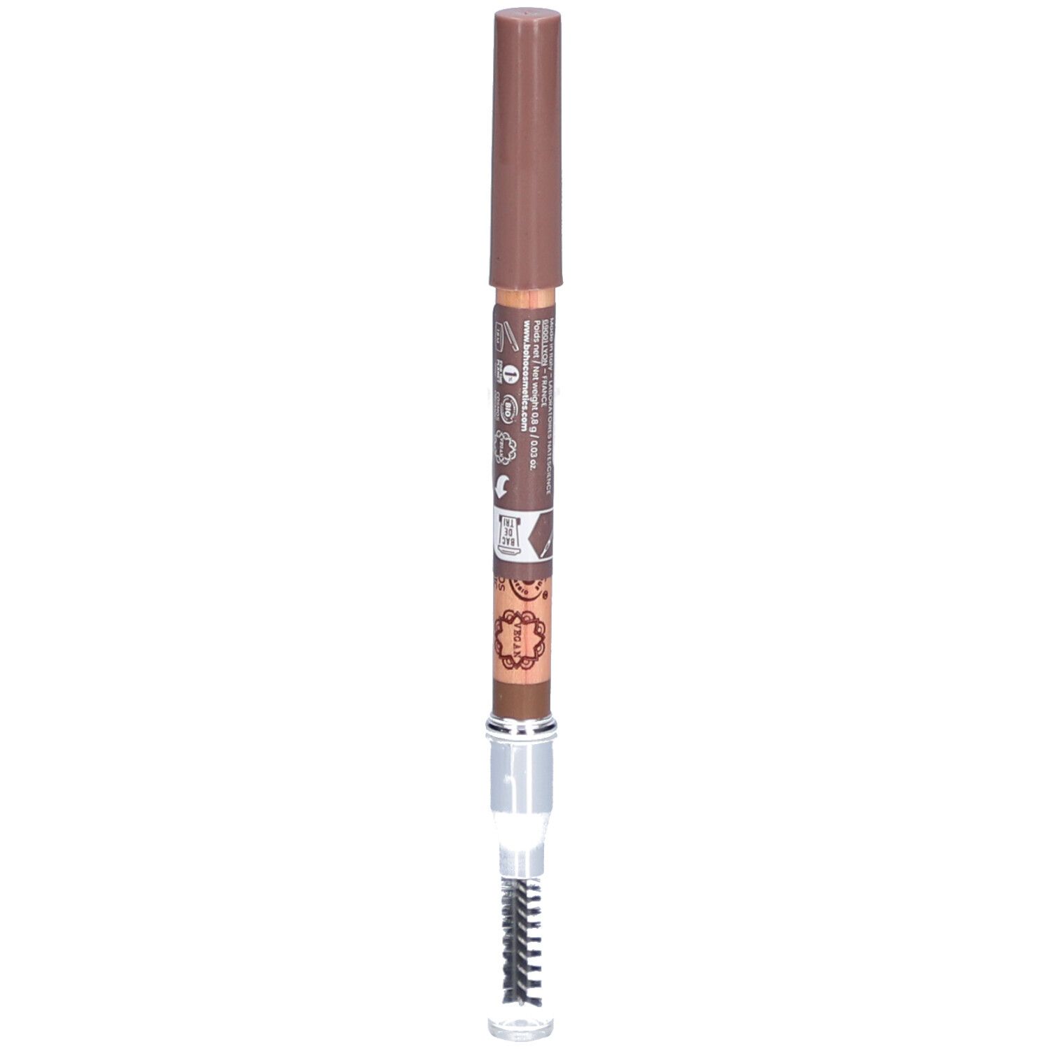 Stift mit brauner Kappe und Bürste. Aufschrift auf dem Stift.