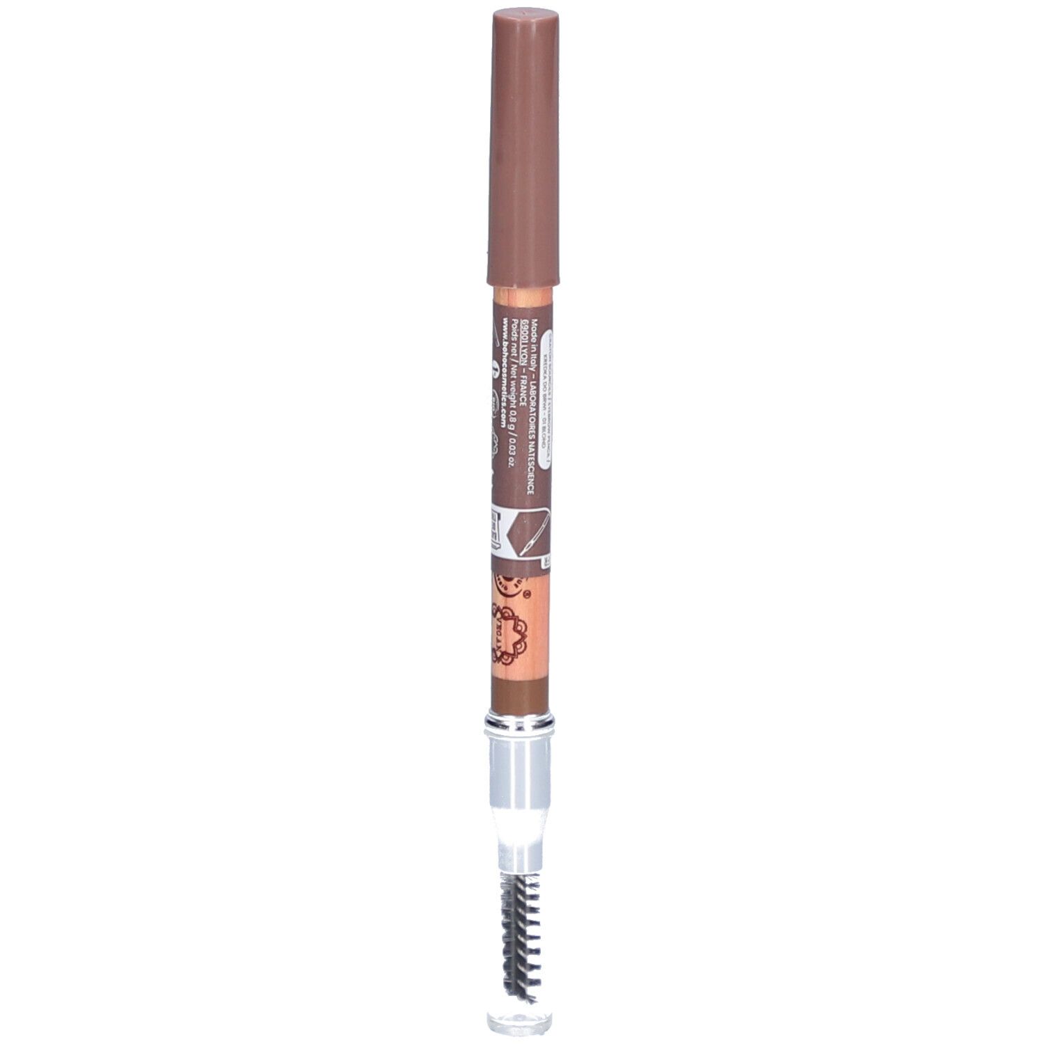 Stift mit brauner Kappe und Bürste. Aufschrift auf dem Stift.