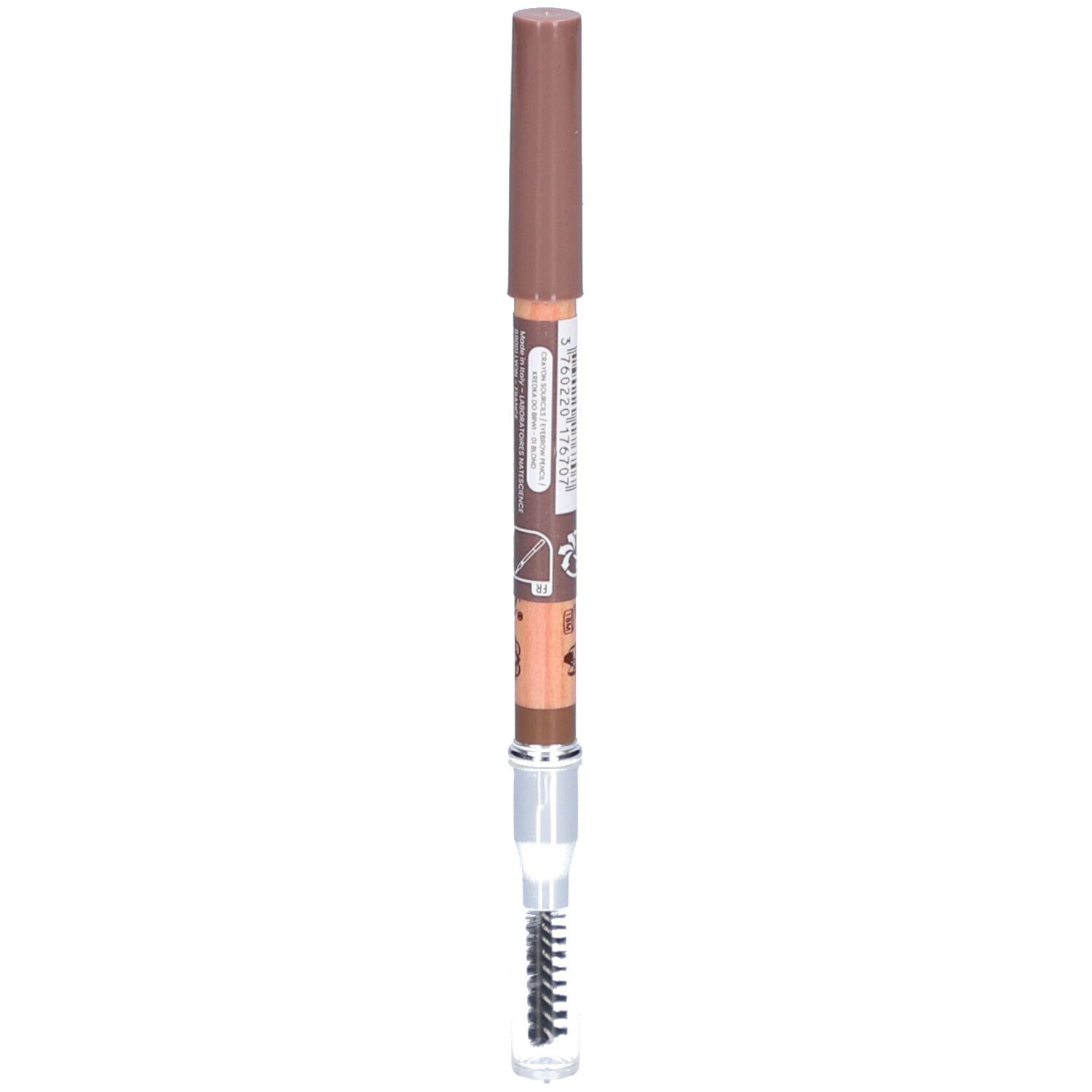 Stift mit brauner Kappe und Bürste. Aufschrift auf dem Stift.