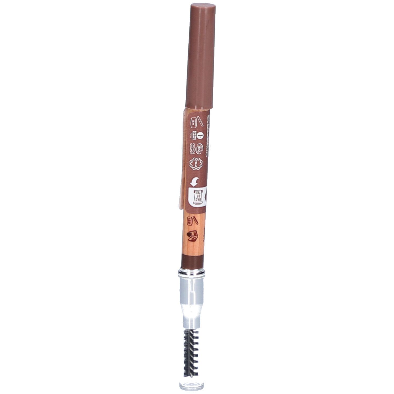 Brauner Augenbrauenstift mit Bürste. Stift und Kappe in Braun. Bürste mit transparentem Schutz.