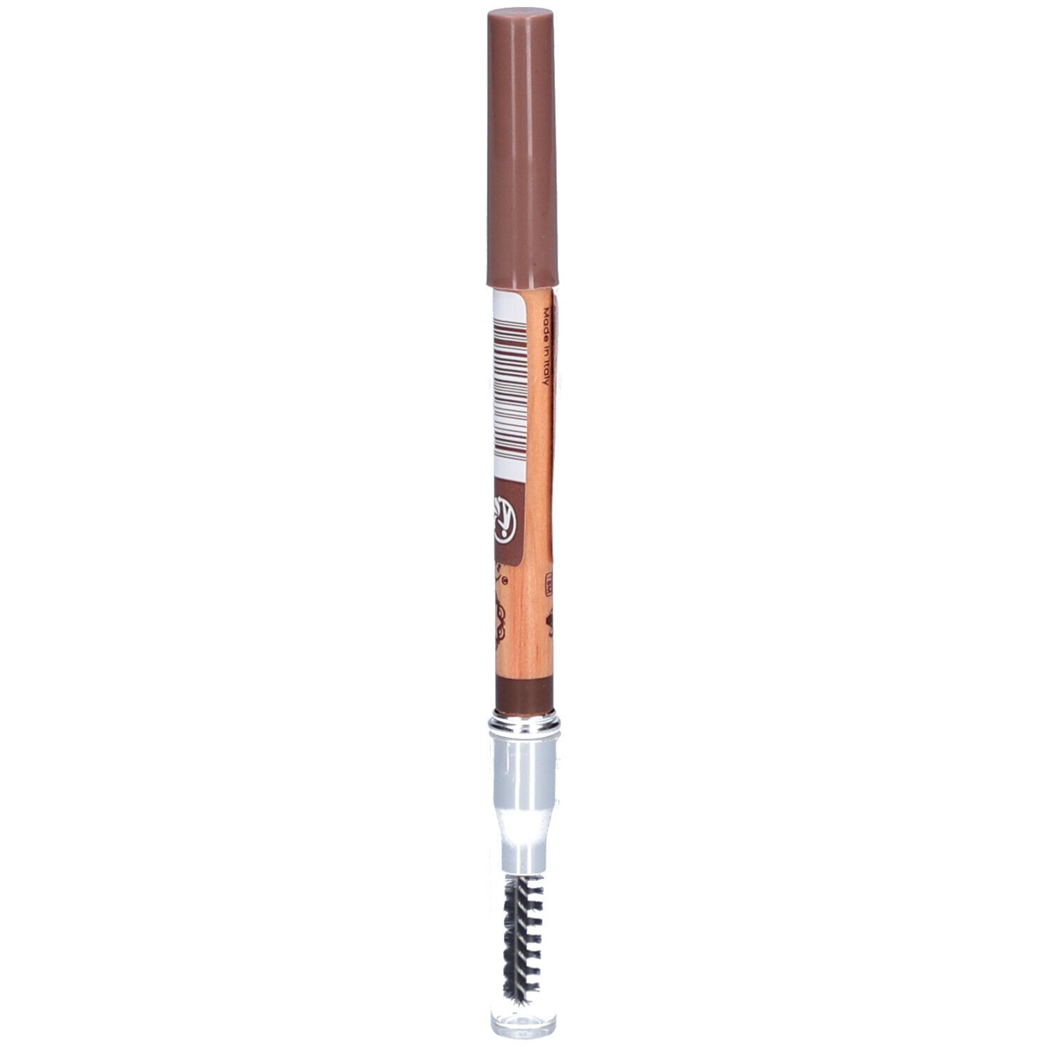 Brauner Augenbrauenstift mit Bürste. Stift und Kappe in Braun. Barcode auf der Seite.