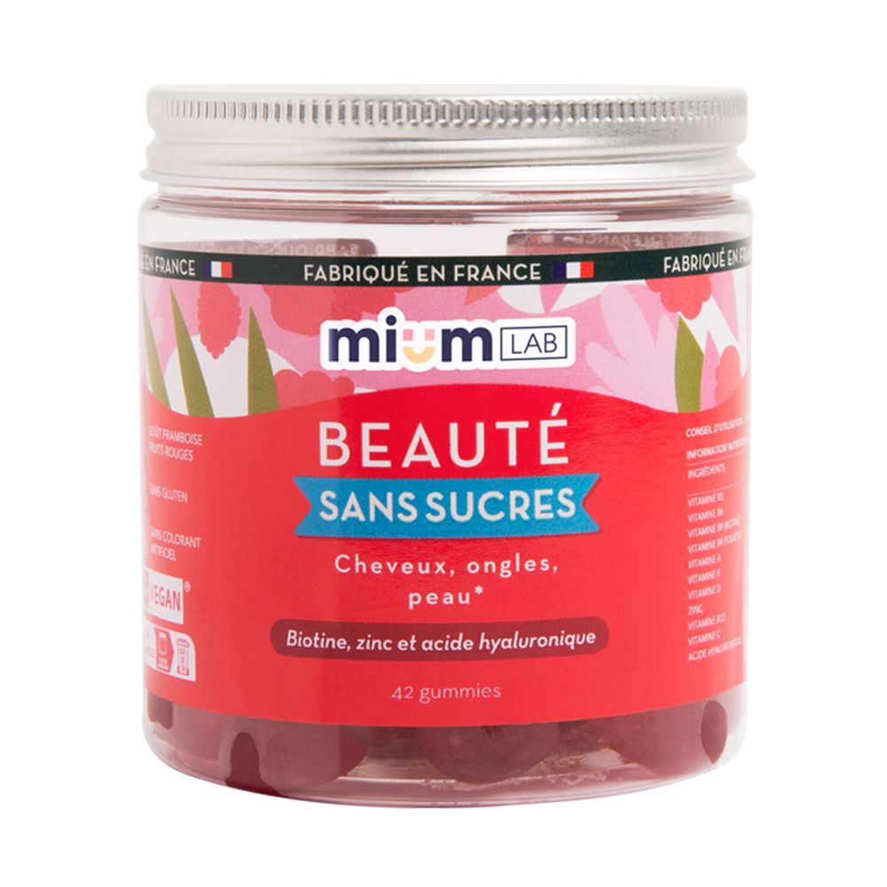 Pot rond de gummies rouges. Inscription : mium LAB, Beauté sans sucres. Pour cheveux, ongles, peau. 42 gummies.