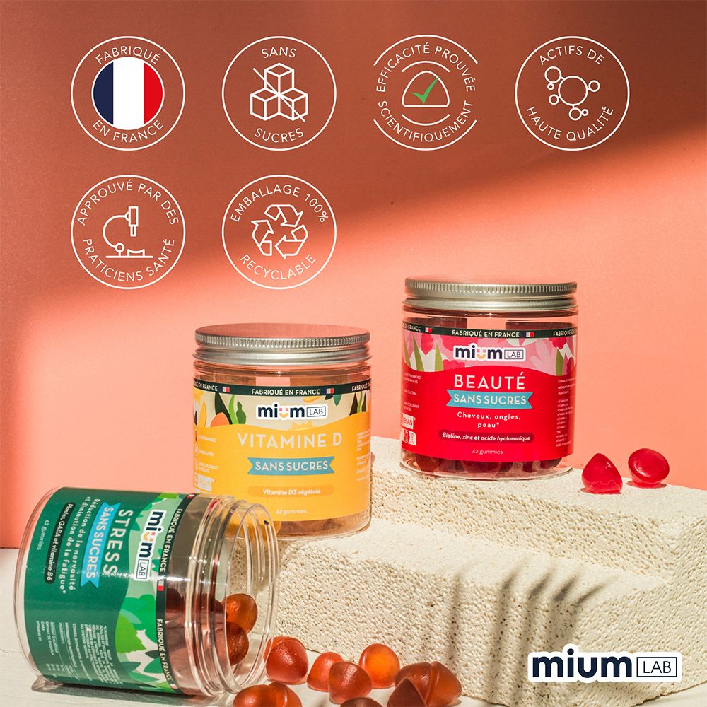 Trois pots de gummies. Inscription : mium LAB, Vitamine D, Beauté sans sucres, Stress. Labels de qualité.