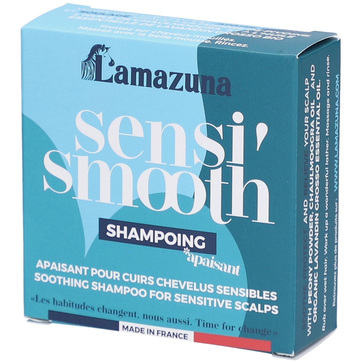 Blauer Karton mit "Lamazuna"-Logo und "sensi' smooth"-Schriftzug. Text: "Shampoing apaisant".