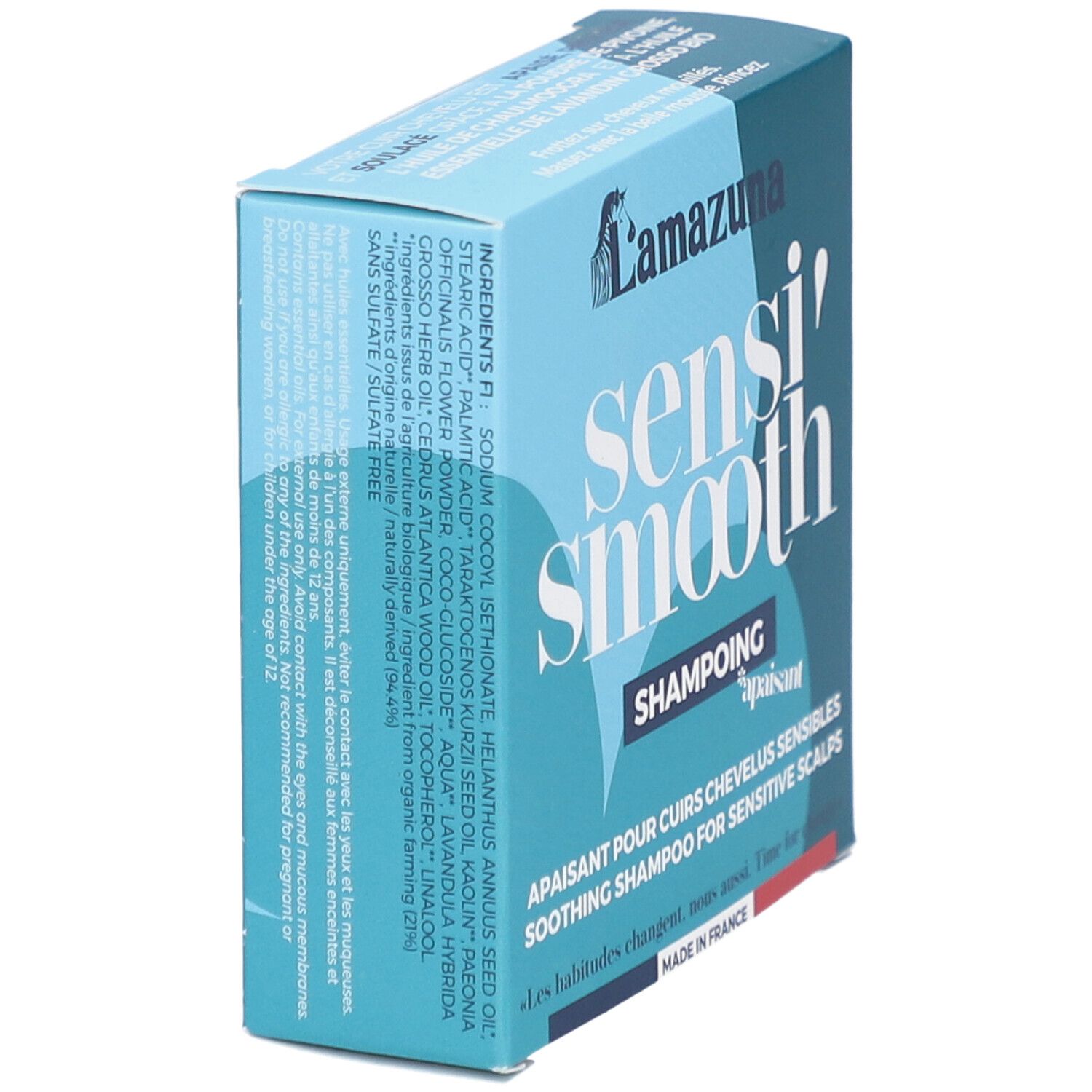 Karton mit Inhaltsangaben und "Lamazuna"-Logo. Text: "sensi' smooth" und "Shampoing".