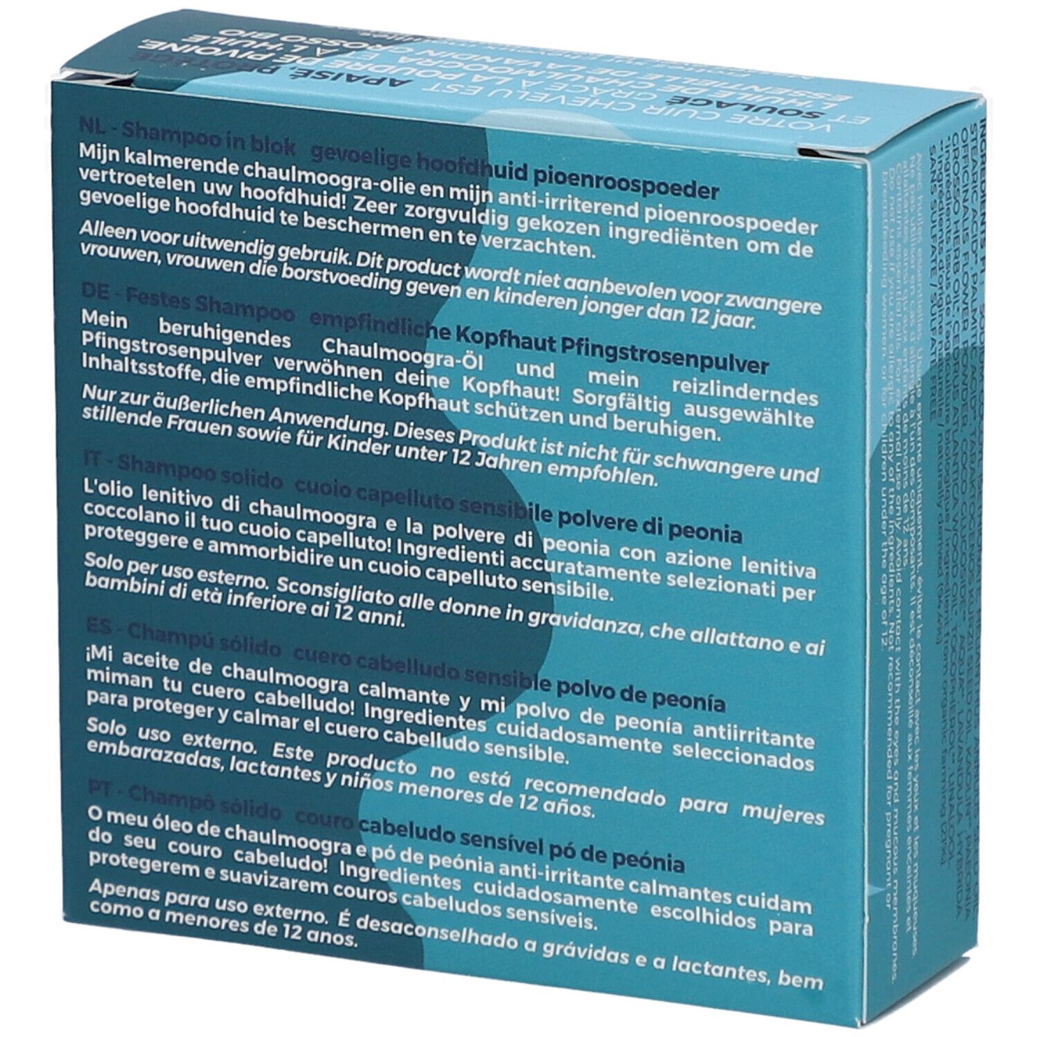 Rückseite der Verpackung mit mehrsprachigem Text. Produktinformationen und Warnhinweise.